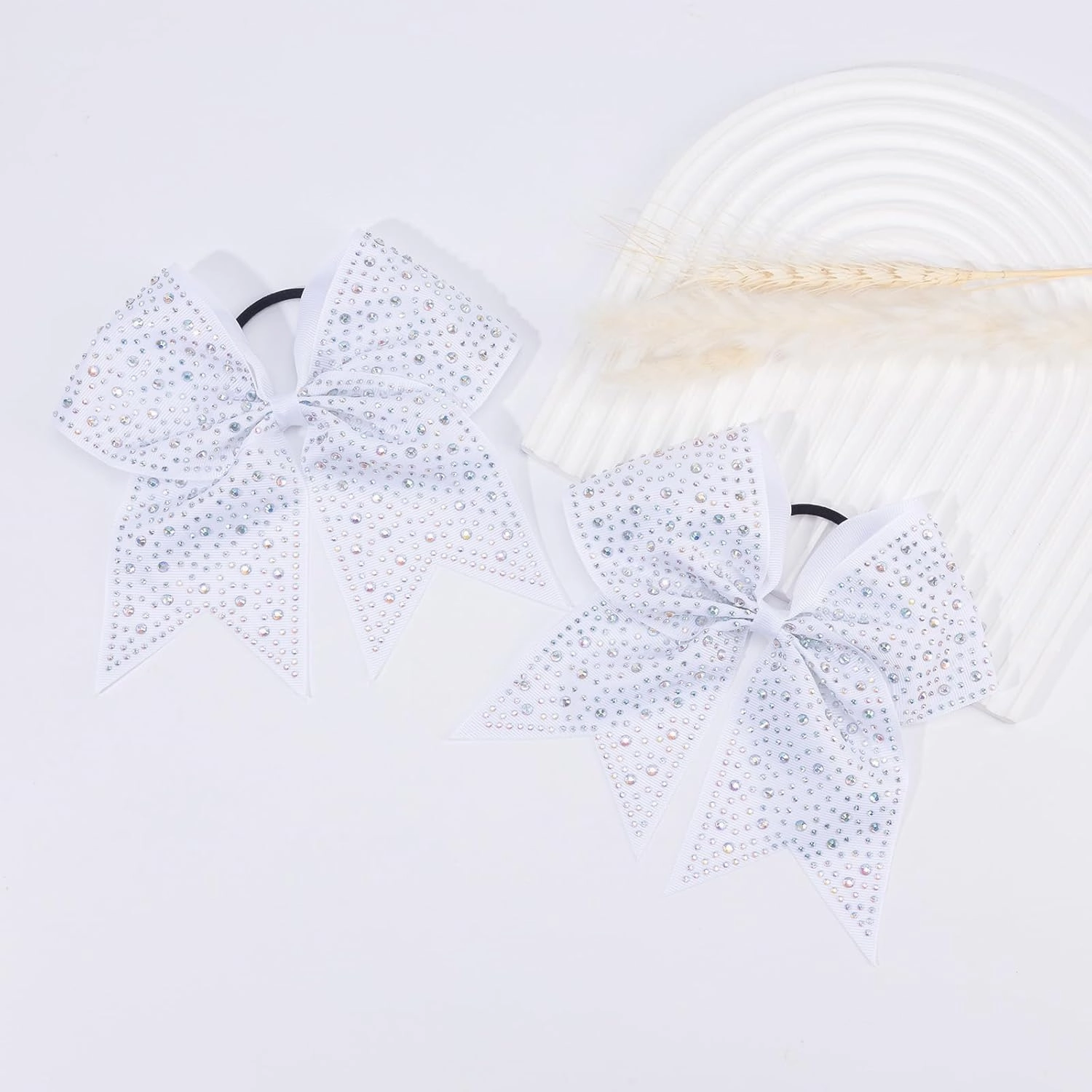 CN 10PCS Rhinestones Cheer Bows for Cheerleaders, White Glitter Hair Bows for Girls Large Elastic Ponytail Holder, Hair Accessories for Women Teens for Softball Competition School Spirit