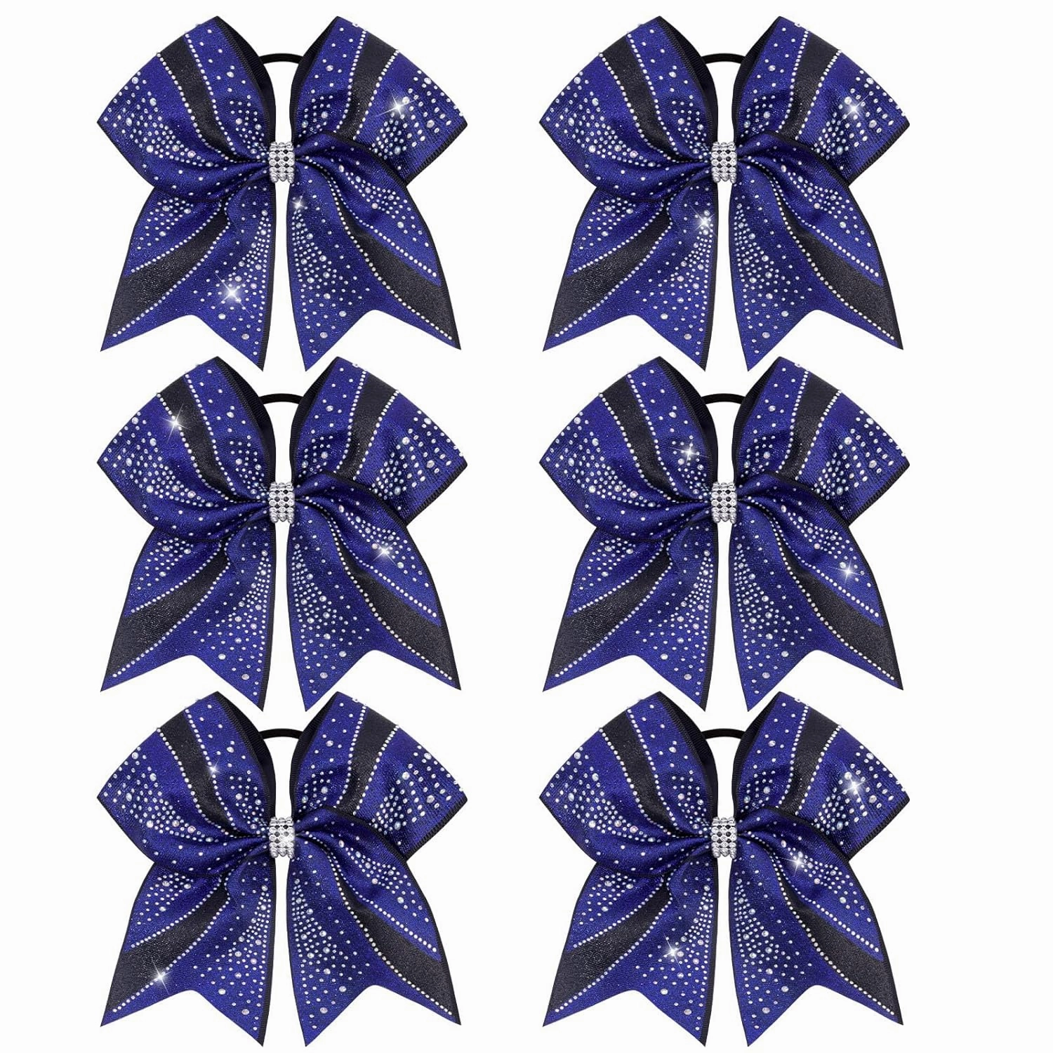 CN 6PCS Glitter Cheer Bows for Cheerleaders, Blue Sparkly Large Hair Bows for Girls Cheerleading with Elastic Hair Ties，Cheer Hair Accessories for Softball Competition School Spirit