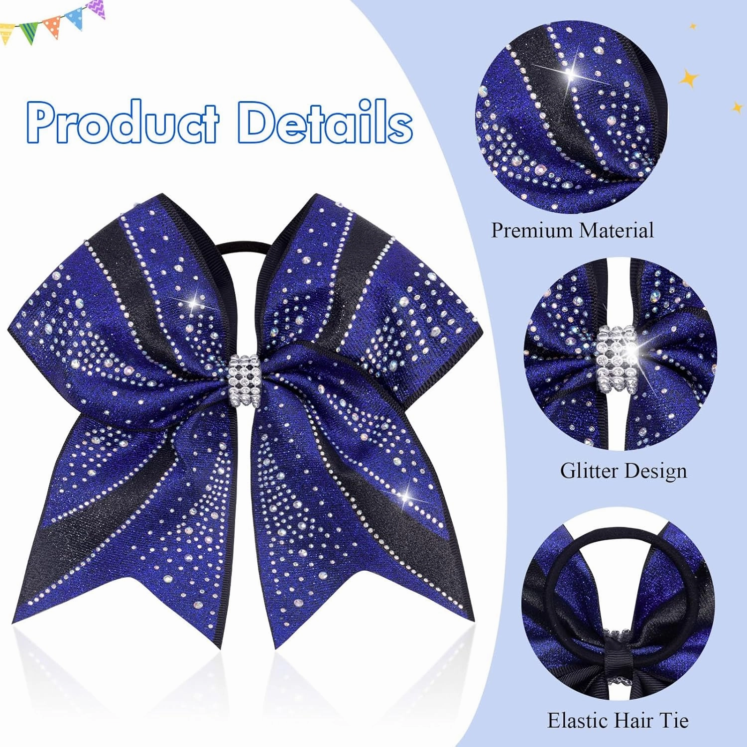 CN 6PCS Glitter Cheer Bows for Cheerleaders, Blue Sparkly Large Hair Bows for Girls Cheerleading with Elastic Hair Ties，Cheer Hair Accessories for Softball Competition School Spirit