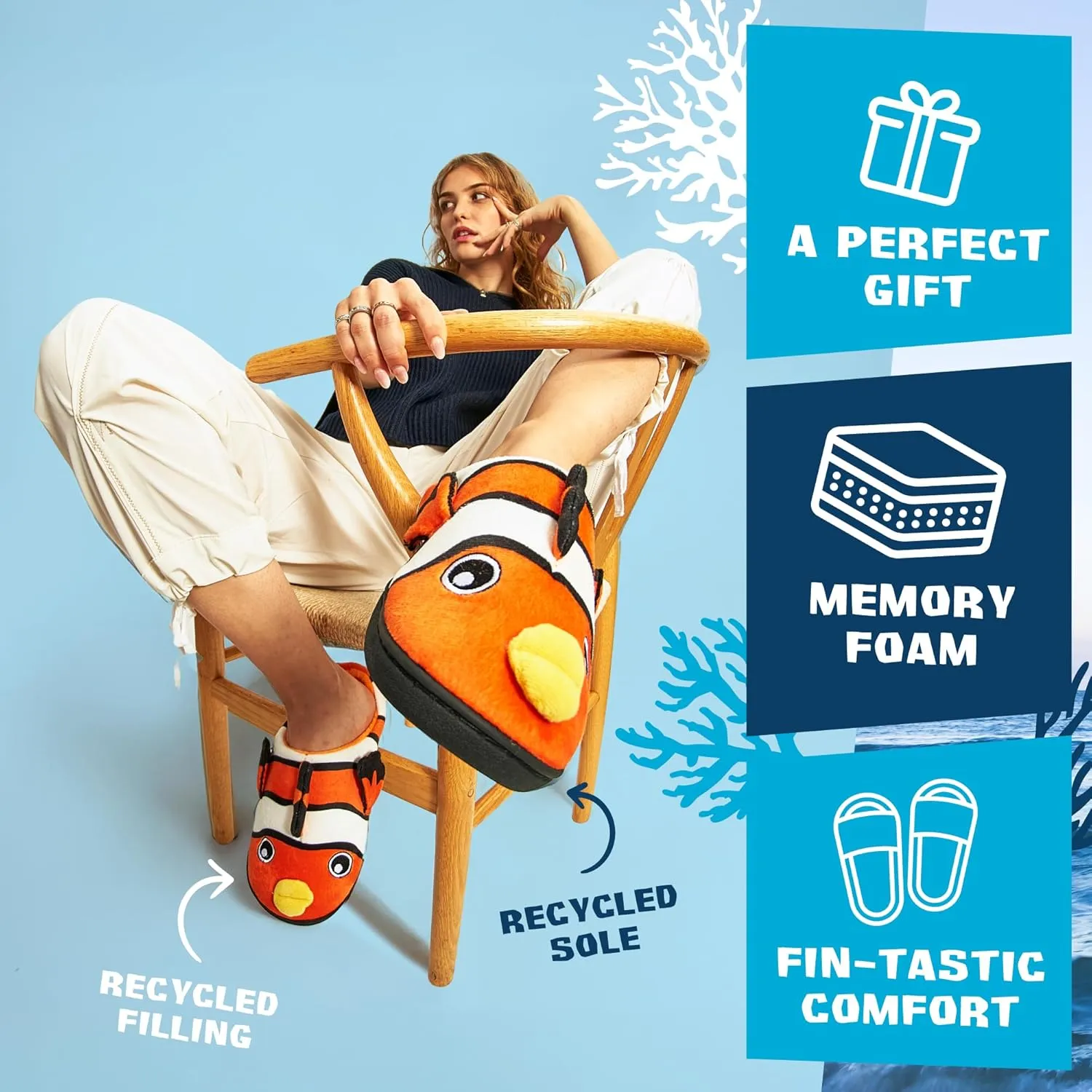 Coddies Clownfish Slippers | Funny Fish Slippers for Men, Women & Kids | Plush Animal House Shoes - Memory Foam Soles - Christmas Gifts