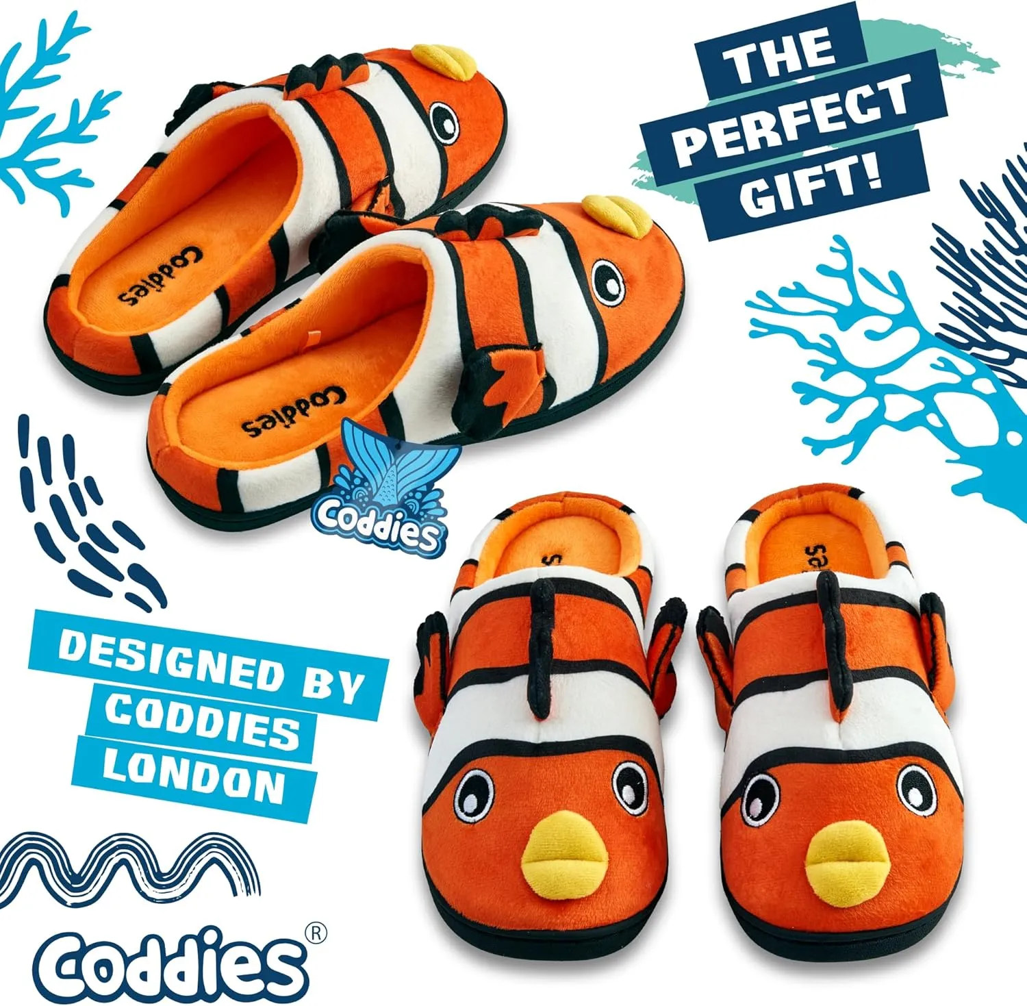 Coddies Clownfish Slippers | Funny Fish Slippers for Men, Women & Kids | Plush Animal House Shoes - Memory Foam Soles - Christmas Gifts