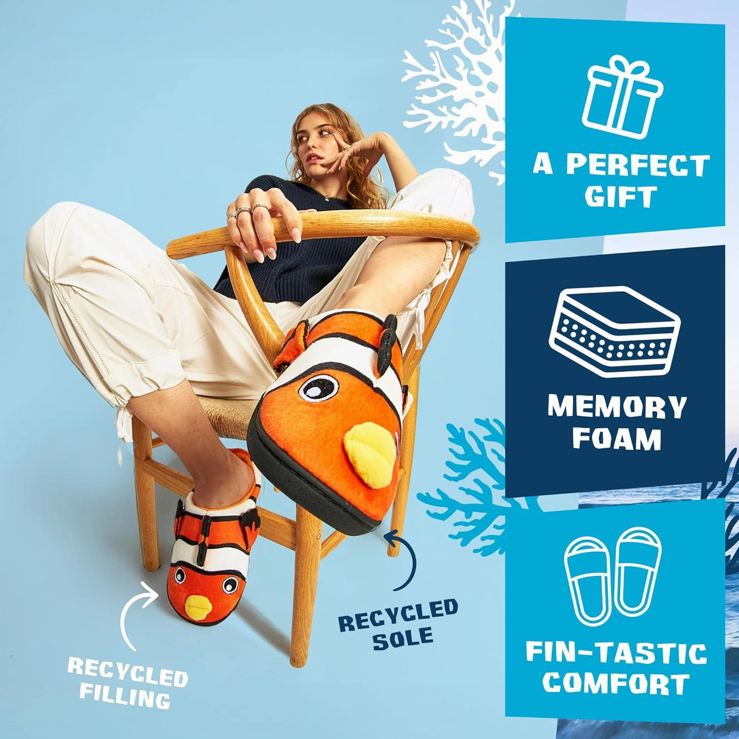 Coddies Clownfish Slippers | Funny Fish Slippers for Men, Women & Kids | Plush Animal House Shoes - Memory Foam Soles - Christmas Gifts