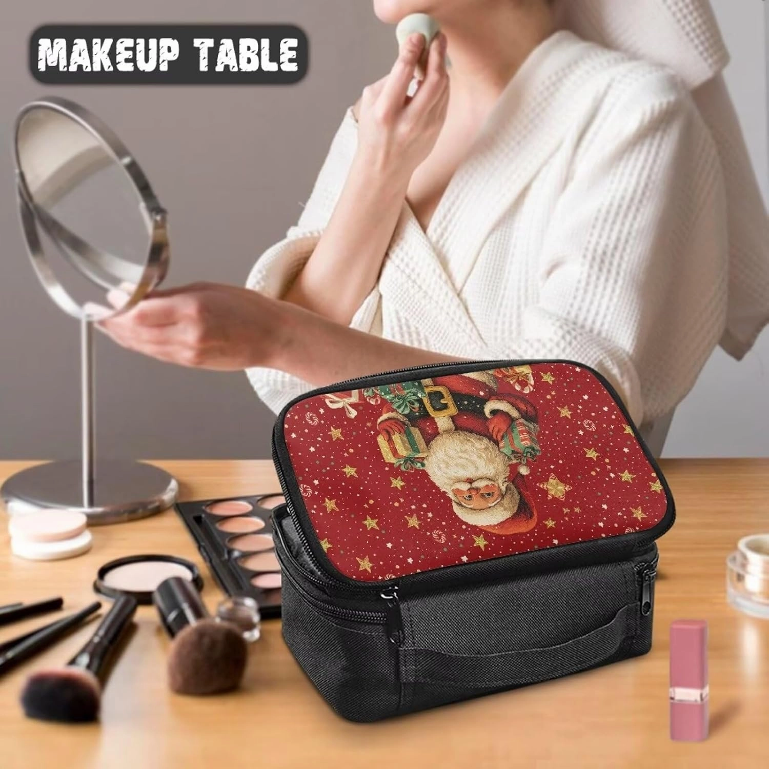 COEQINE Christmas Makeup Bag For Women Purse Cosmetic Bag Elegant Roomy Makeup Bags Lipstick Pouch Zipper Double Layer Pouch Love Gift for Her Travel Storage Toiletry Bag,Santa Claus Gold Stars