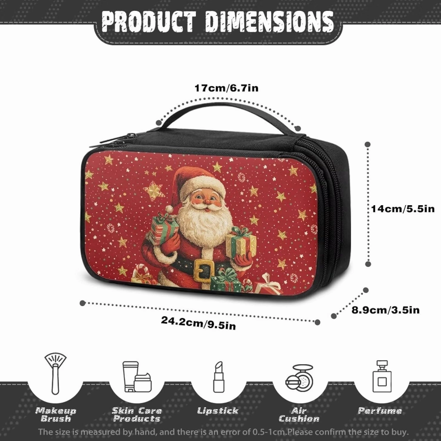 COEQINE Christmas Makeup Bag For Women Purse Cosmetic Bag Elegant Roomy Makeup Bags Lipstick Pouch Zipper Double Layer Pouch Love Gift for Her Travel Storage Toiletry Bag,Santa Claus Gold Stars