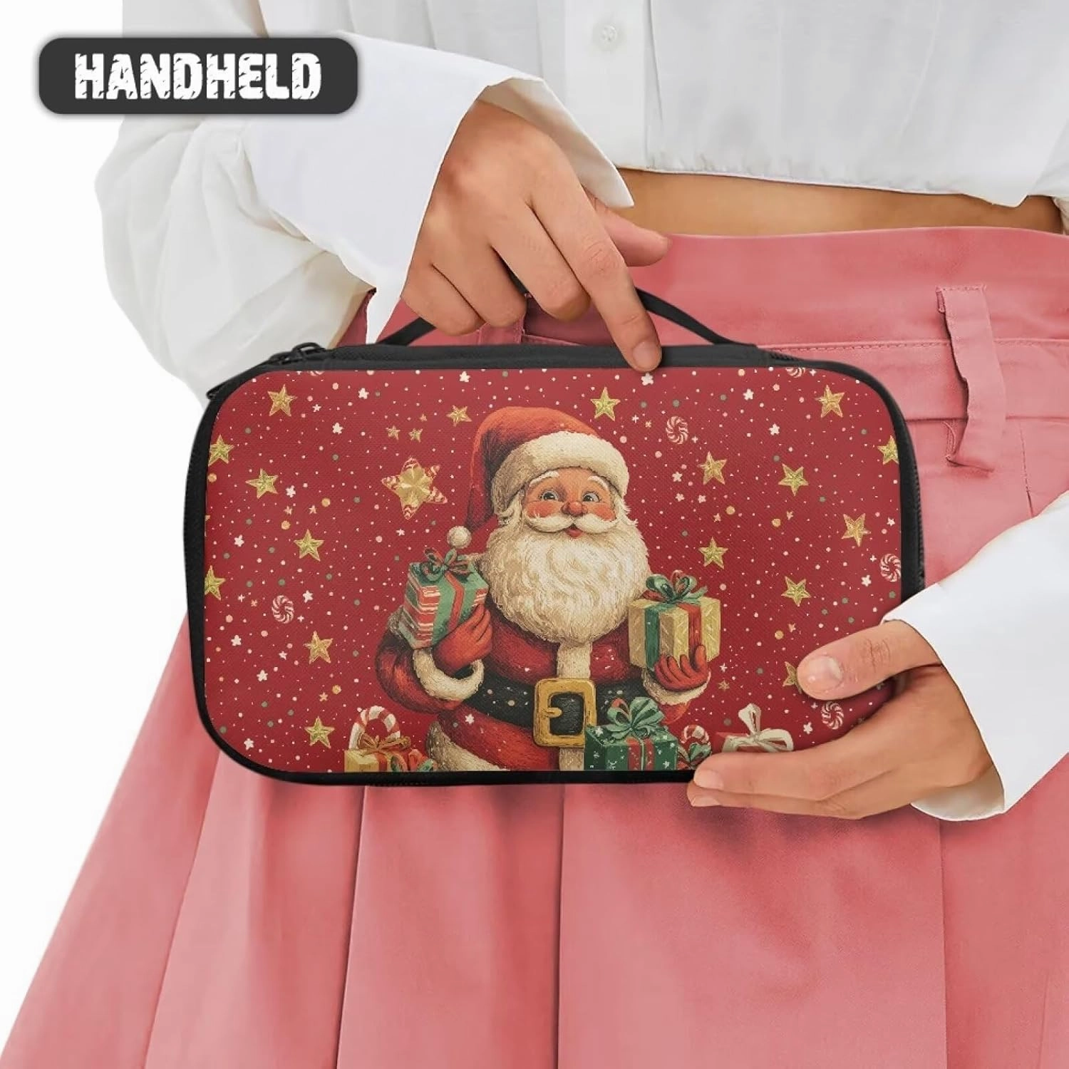 COEQINE Christmas Makeup Bag For Women Purse Cosmetic Bag Elegant Roomy Makeup Bags Lipstick Pouch Zipper Double Layer Pouch Love Gift for Her Travel Storage Toiletry Bag,Santa Claus Gold Stars
