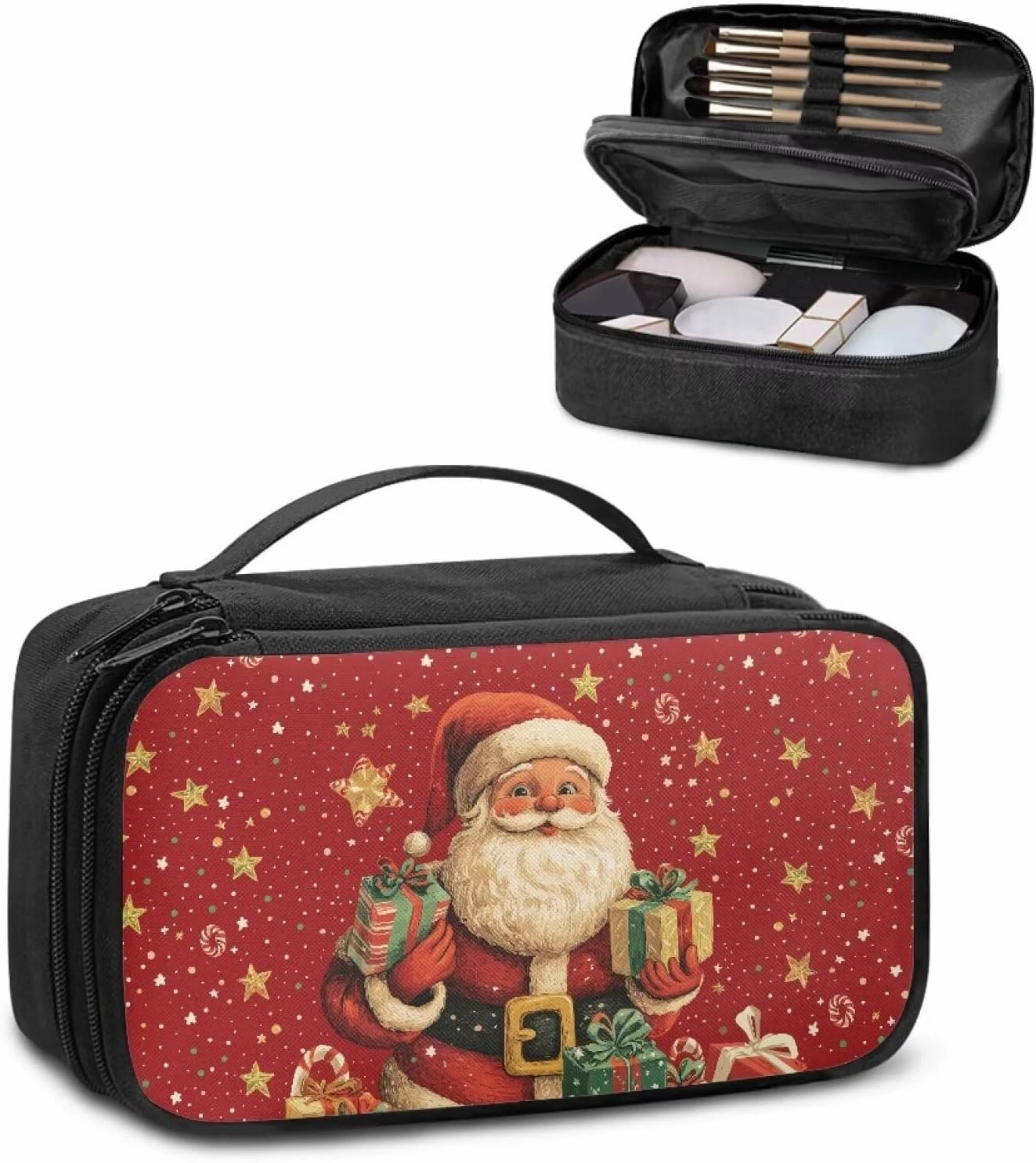 COEQINE Christmas Makeup Bag For Women Purse Cosmetic Bag Elegant Roomy Makeup Bags Lipstick Pouch Zipper Double Layer Pouch Love Gift for Her Travel Storage Toiletry Bag,Santa Claus Gold Stars