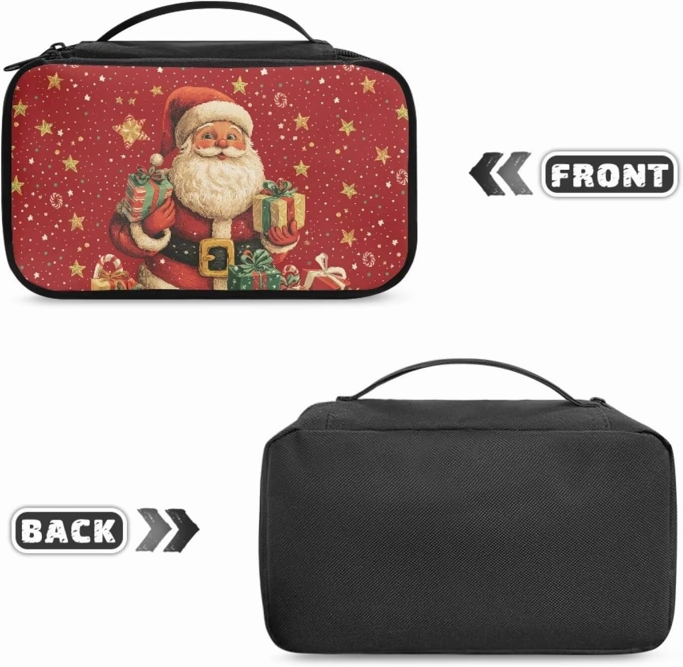 COEQINE Christmas Makeup Bag For Women Purse Cosmetic Bag Elegant Roomy Makeup Bags Lipstick Pouch Zipper Double Layer Pouch Love Gift for Her Travel Storage Toiletry Bag,Santa Claus Gold Stars