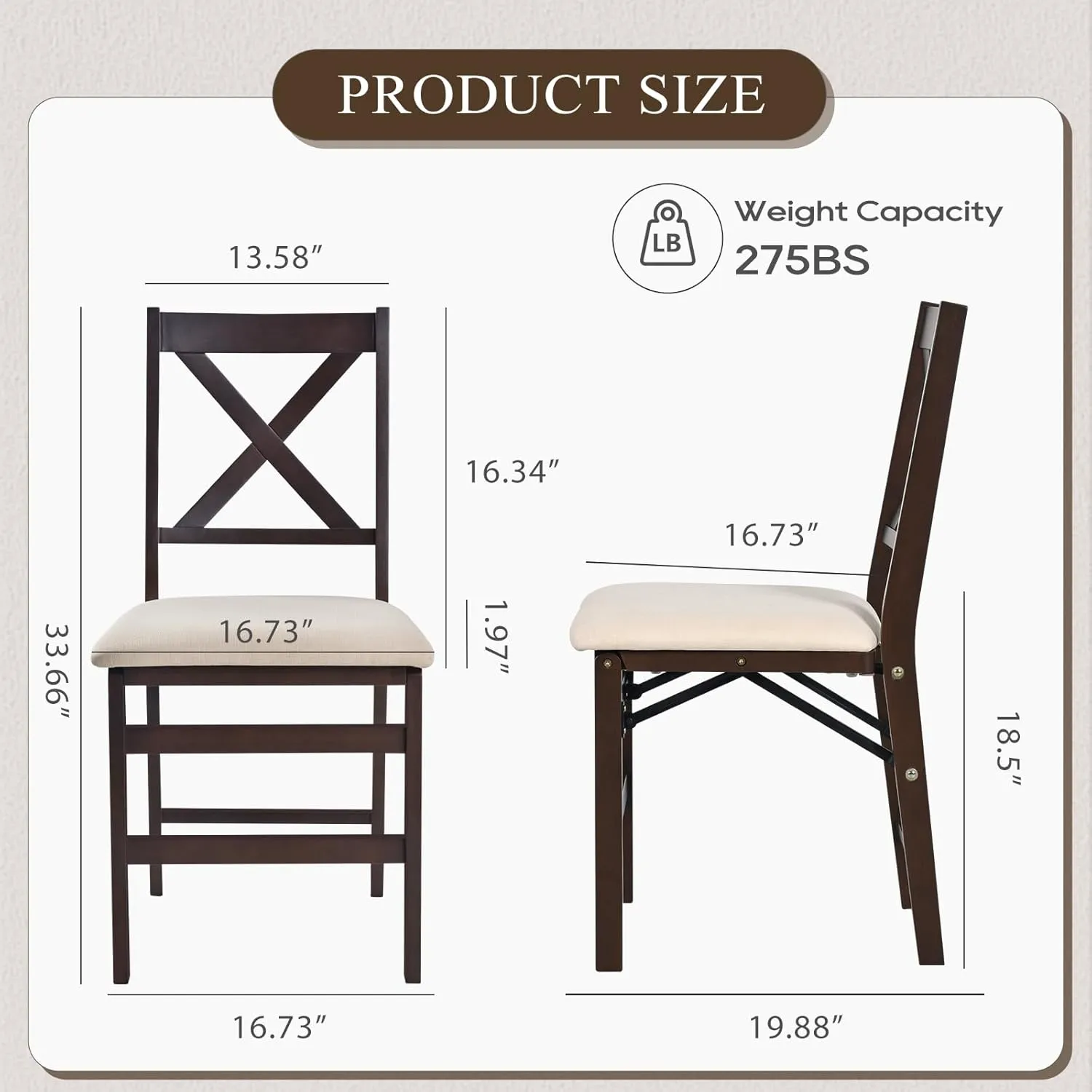 COLAMY Folding Dining Chairs Set of 2 – Beige Upholstered Wooden Dining Room Chairs for Kitchen & Small Spaces, Mid Century Modern Design, Space-Saving, No Assembly Required