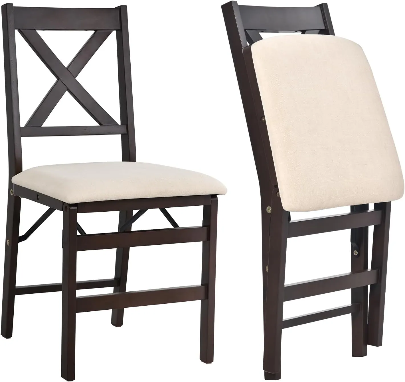 COLAMY Folding Dining Chairs Set of 2 – Beige Upholstered Wooden Dining Room Chairs for Kitchen & Small Spaces, Mid Century Modern Design, Space-Saving, No Assembly Required