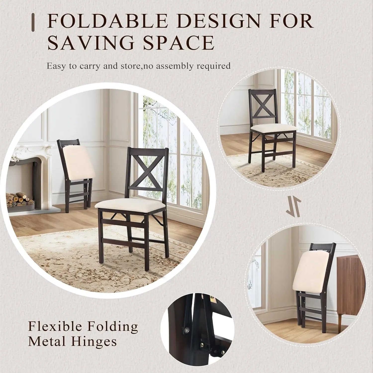 COLAMY Folding Dining Chairs Set of 2 – Beige Upholstered Wooden Dining Room Chairs for Kitchen & Small Spaces, Mid Century Modern Design, Space-Saving, No Assembly Required