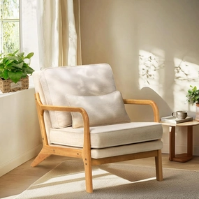 COLAMY Mid Century Modern Accent Chair with Lumbar Pillow, Relaxing Armchair with Solid Wood Frame & Soft Cushion, Reading Leisure Chair for Living Room,Bedroom,Waiting Room（Beige）