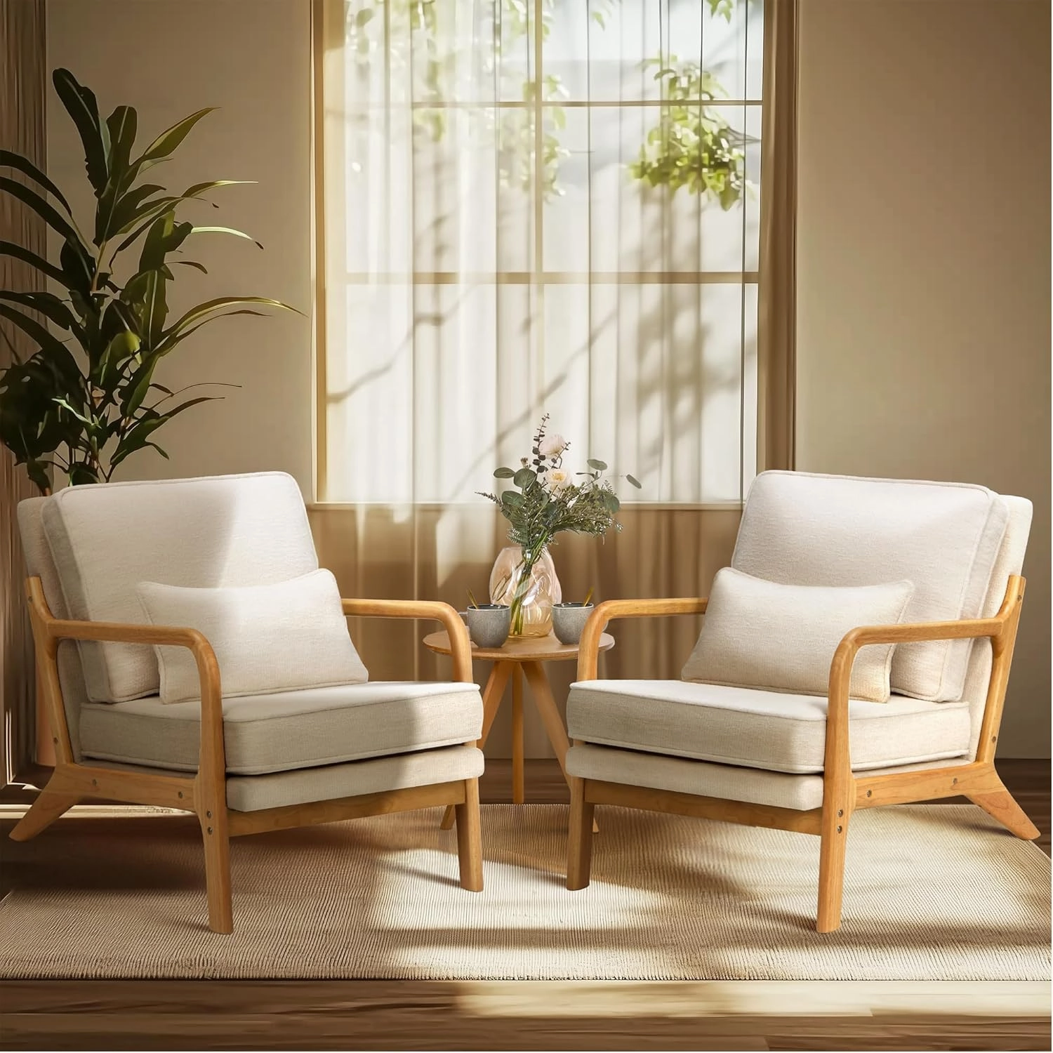COLAMY Mid Century Modern Accent Chair with Lumbar Pillow, Relaxing Armchair with Solid Wood Frame & Soft Cushion, Reading Leisure Chair for Living Room,Bedroom,Waiting Room（Beige）