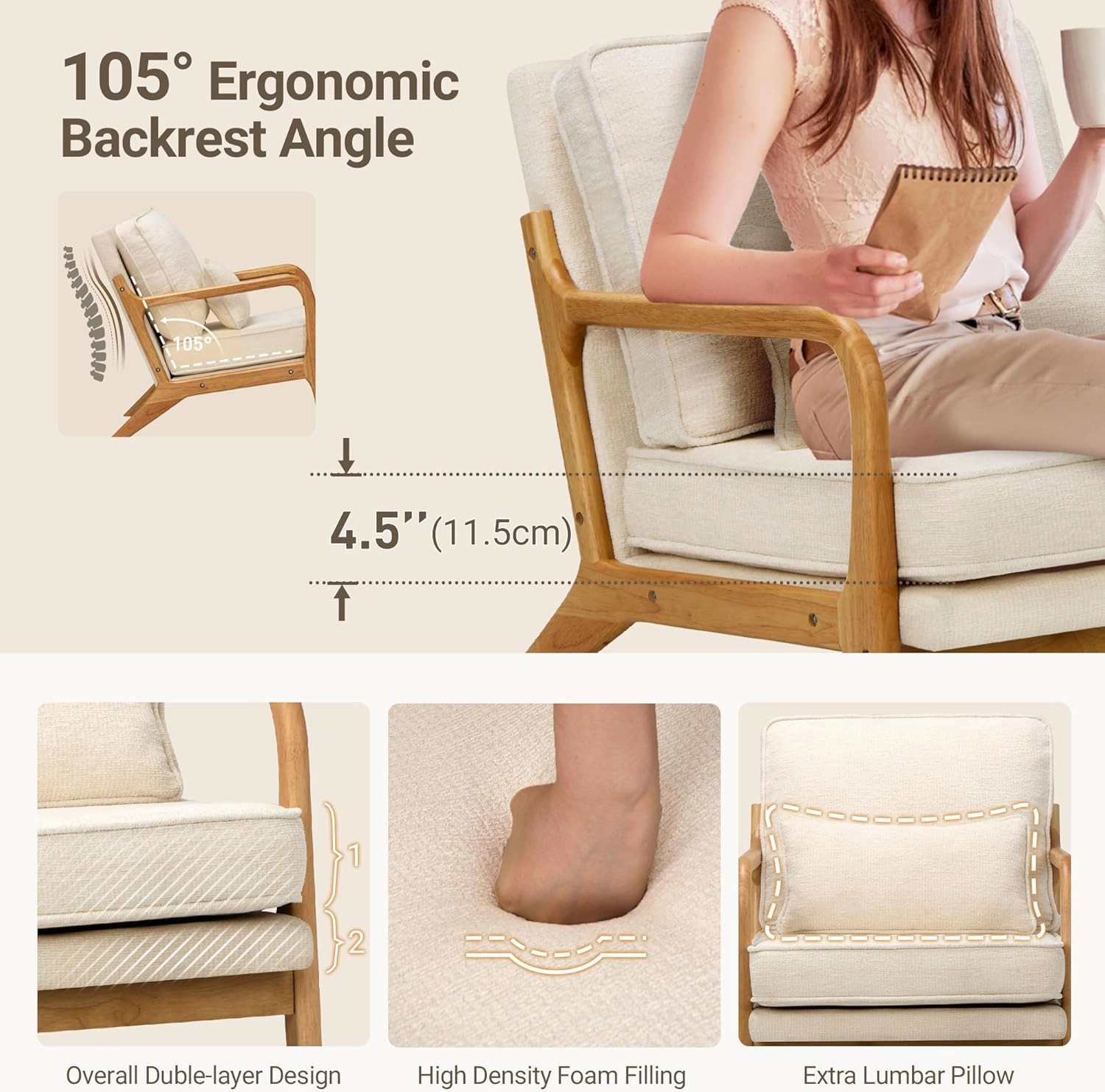 COLAMY Mid Century Modern Accent Chair with Lumbar Pillow, Relaxing Armchair with Solid Wood Frame & Soft Cushion, Reading Leisure Chair for Living Room,Bedroom,Waiting Room（Beige）