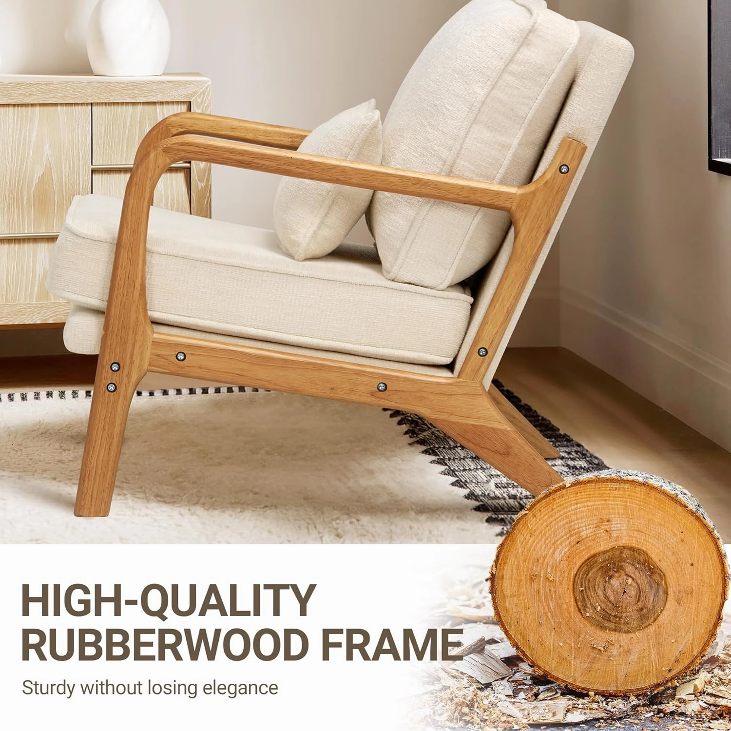 COLAMY Mid Century Modern Accent Chair with Lumbar Pillow, Relaxing Armchair with Solid Wood Frame & Soft Cushion, Reading Leisure Chair for Living Room,Bedroom,Waiting Room（Beige）