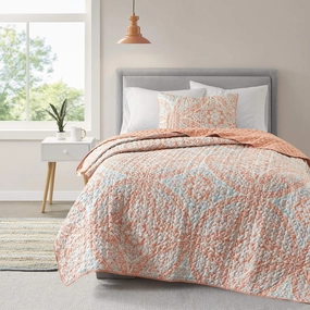 Comfort Spaces Reversible Quilt Set-Vermicelli Stitching Design All Season, Lightweight, Coverlet Bedspread Bedding, Matching Shams, Twin/Twin XL (66 in x 90 in, Gloria Damask Coral 2 Piece