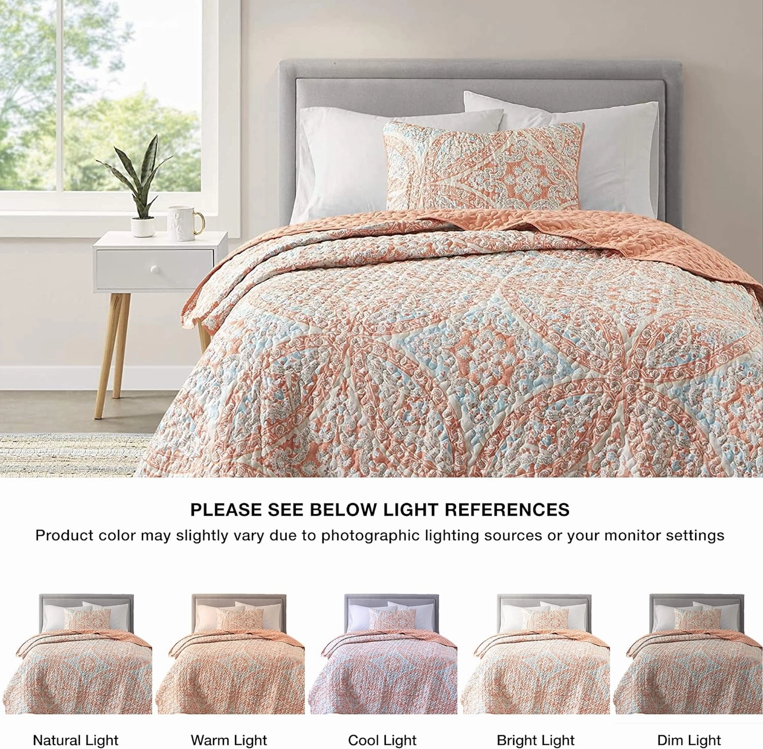 Comfort Spaces Reversible Quilt Set-Vermicelli Stitching Design All Season, Lightweight, Coverlet Bedspread Bedding, Matching Shams, Twin/Twin XL (66 in x 90 in, Gloria Damask Coral 2 Piece