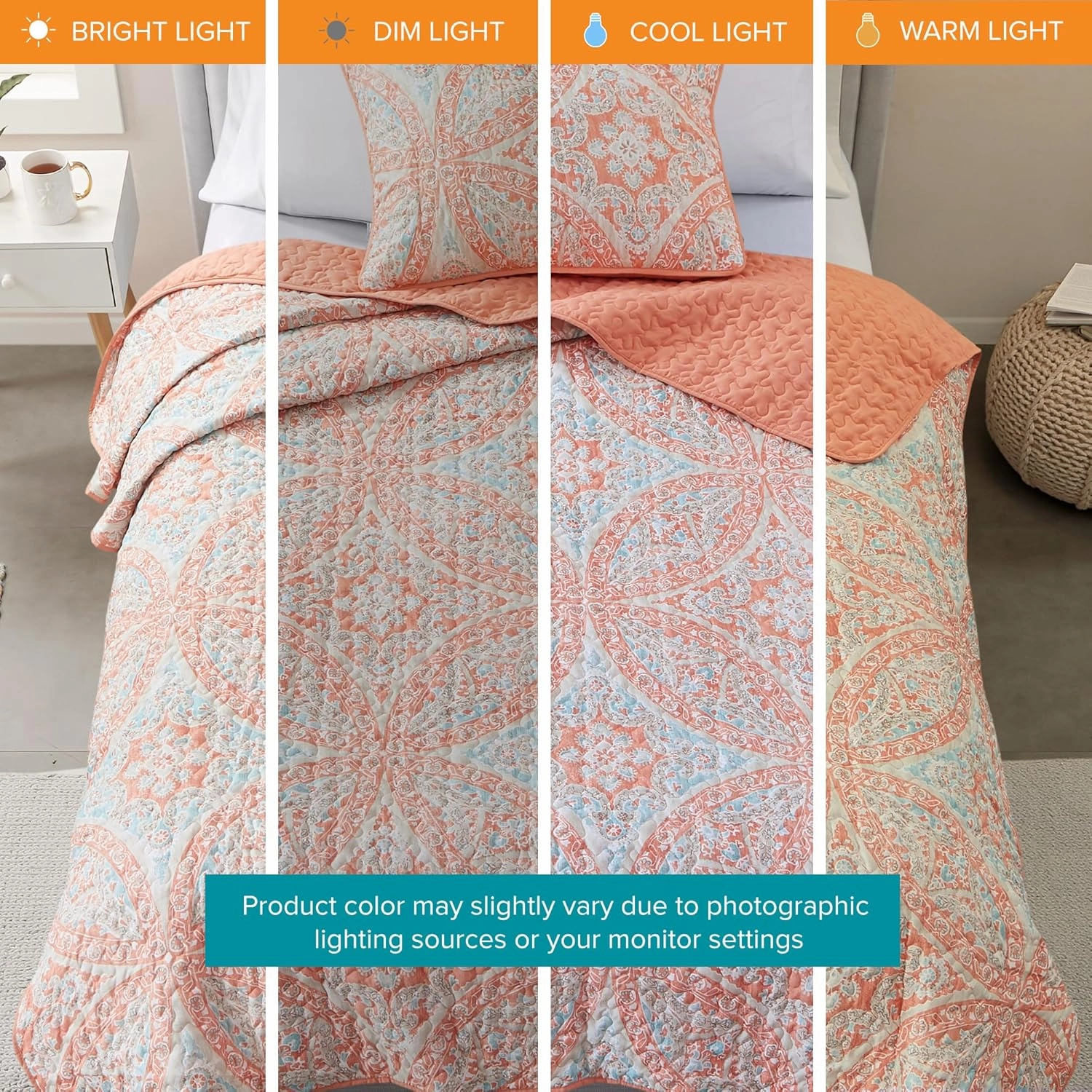 Comfort Spaces Reversible Quilt Set-Vermicelli Stitching Design All Season, Lightweight, Coverlet Bedspread Bedding, Matching Shams, Twin/Twin XL (66 in x 90 in, Gloria Damask Coral 2 Piece