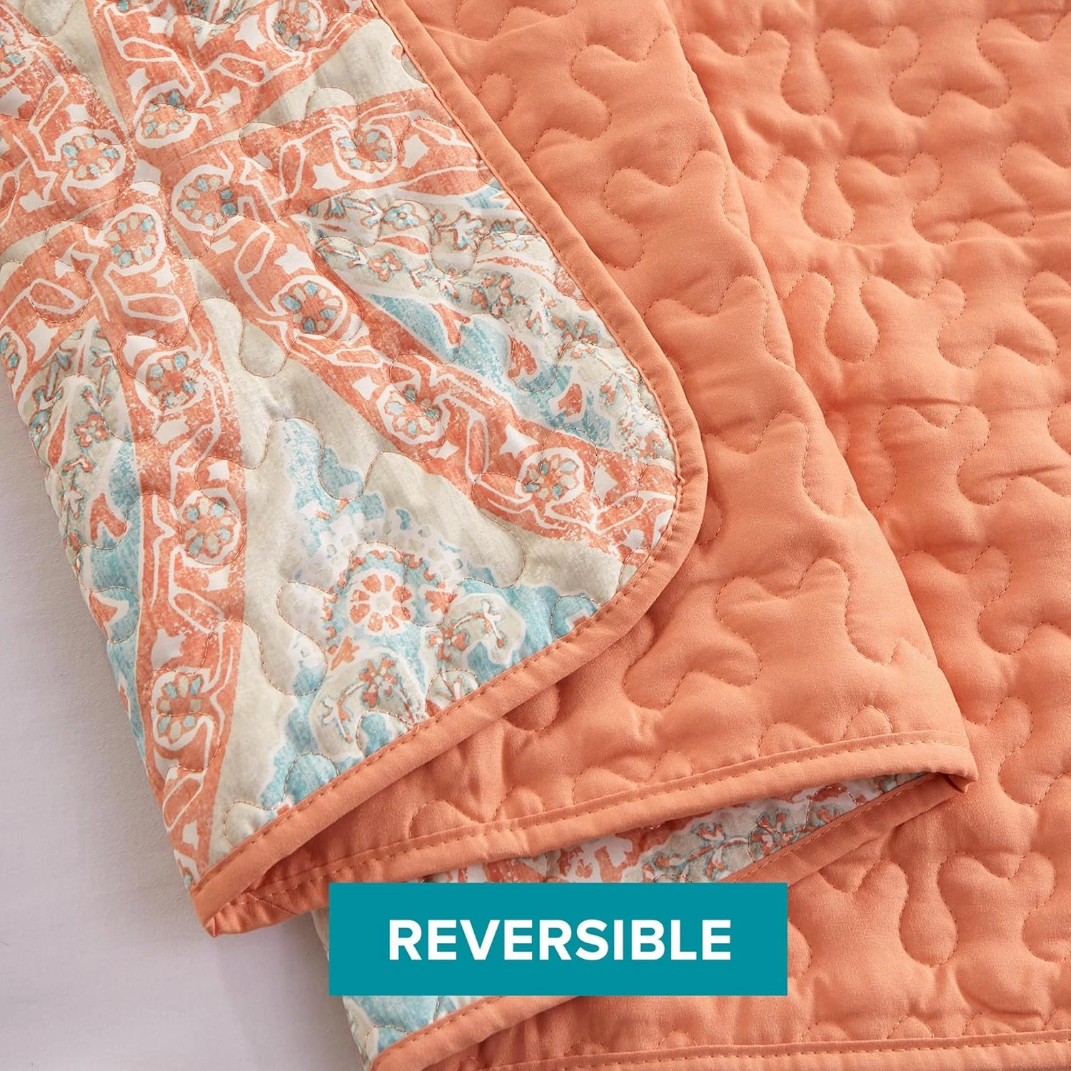 Comfort Spaces Reversible Quilt Set-Vermicelli Stitching Design All Season, Lightweight, Coverlet Bedspread Bedding, Matching Shams, Twin/Twin XL (66 in x 90 in, Gloria Damask Coral 2 Piece