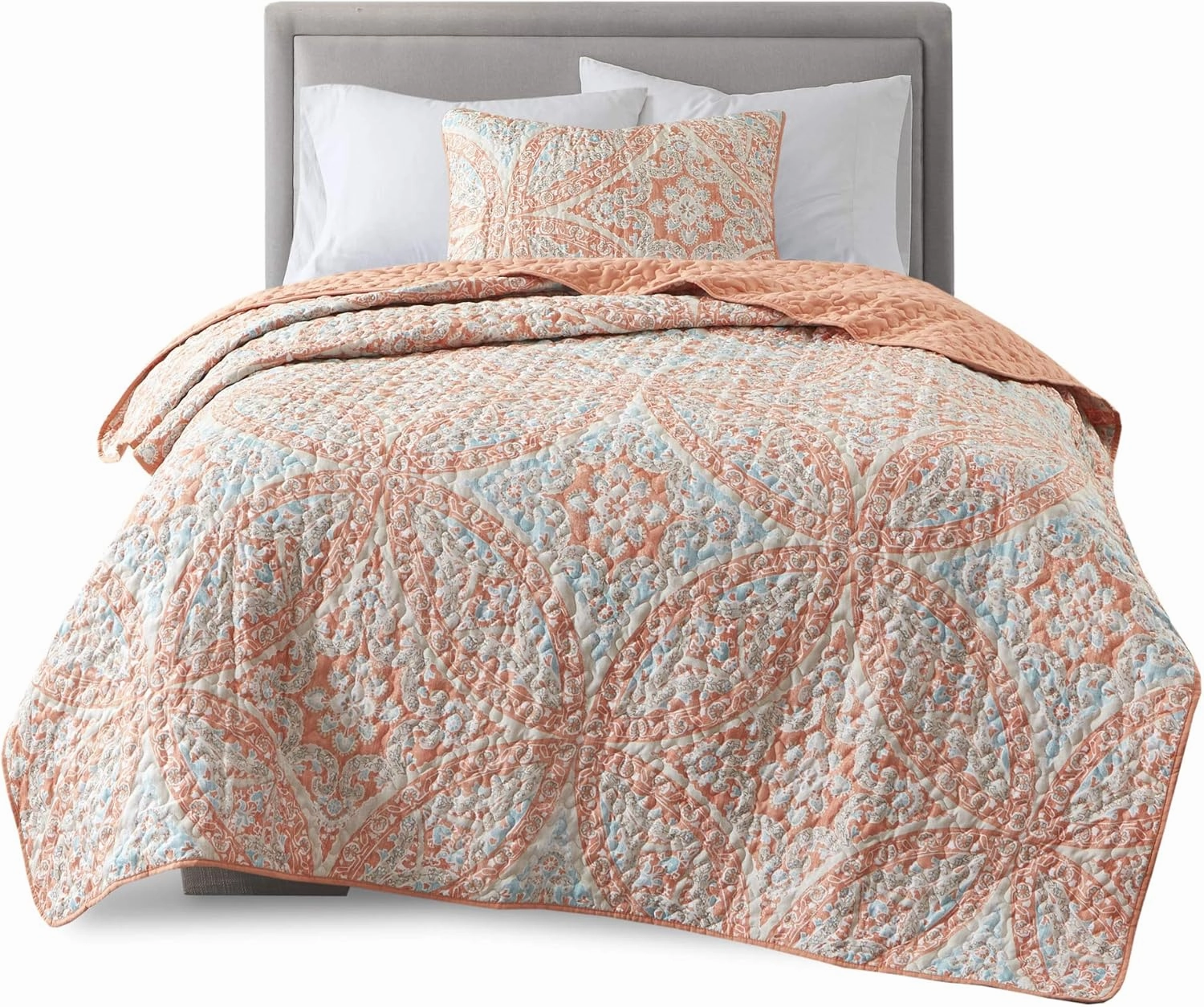 Comfort Spaces Reversible Quilt Set-Vermicelli Stitching Design All Season, Lightweight, Coverlet Bedspread Bedding, Matching Shams, Twin/Twin XL (66 in x 90 in, Gloria Damask Coral 2 Piece