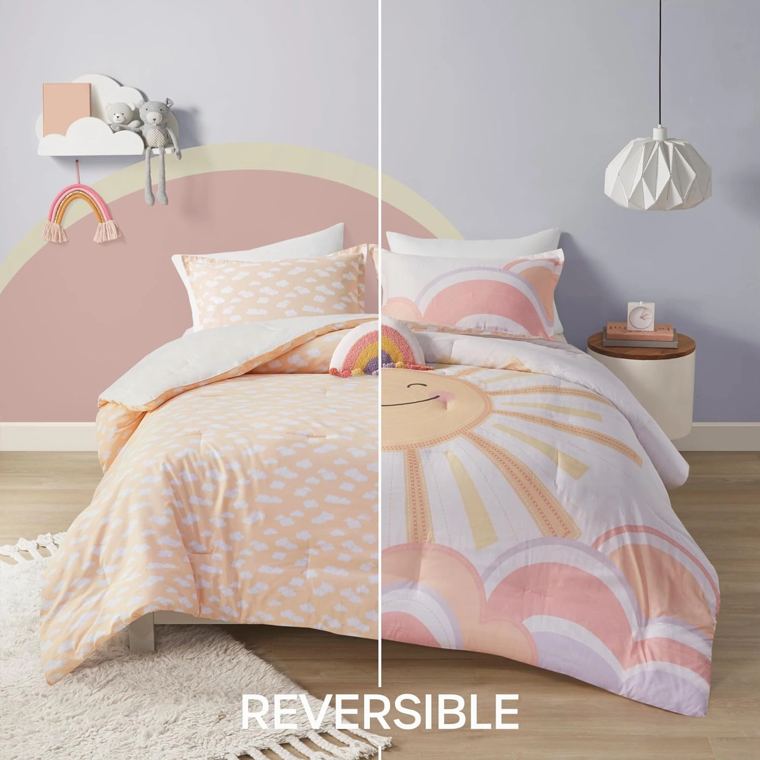 Comforter Sets, Sun, Smiling Emoji, Rainbow & Clouds Cartoon Reversible Print, Down Alternative, All Season Bedding, Matching Sham, Toss Pillow, Full/Queen Yellow/Coral 4 Piece