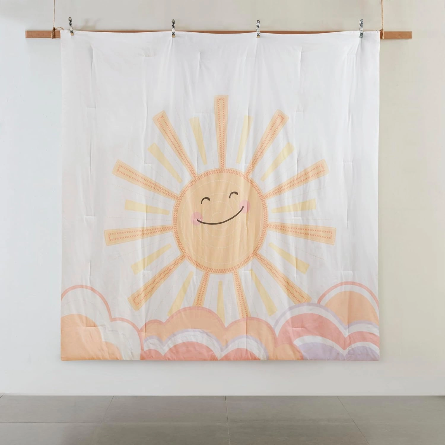 Comforter Sets, Sun, Smiling Emoji, Rainbow & Clouds Cartoon Reversible Print, Down Alternative, All Season Bedding, Matching Sham, Toss Pillow, Full/Queen Yellow/Coral 4 Piece