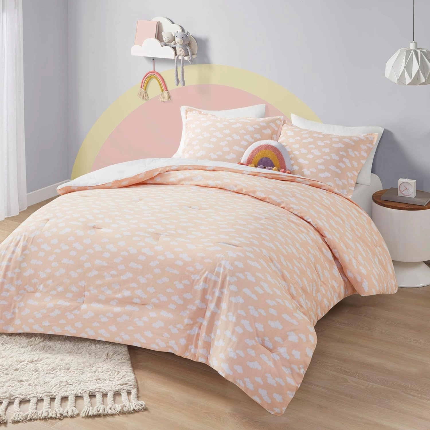 Comforter Sets, Sun, Smiling Emoji, Rainbow & Clouds Cartoon Reversible Print, Down Alternative, All Season Bedding, Matching Sham, Toss Pillow, Full/Queen Yellow/Coral 4 Piece