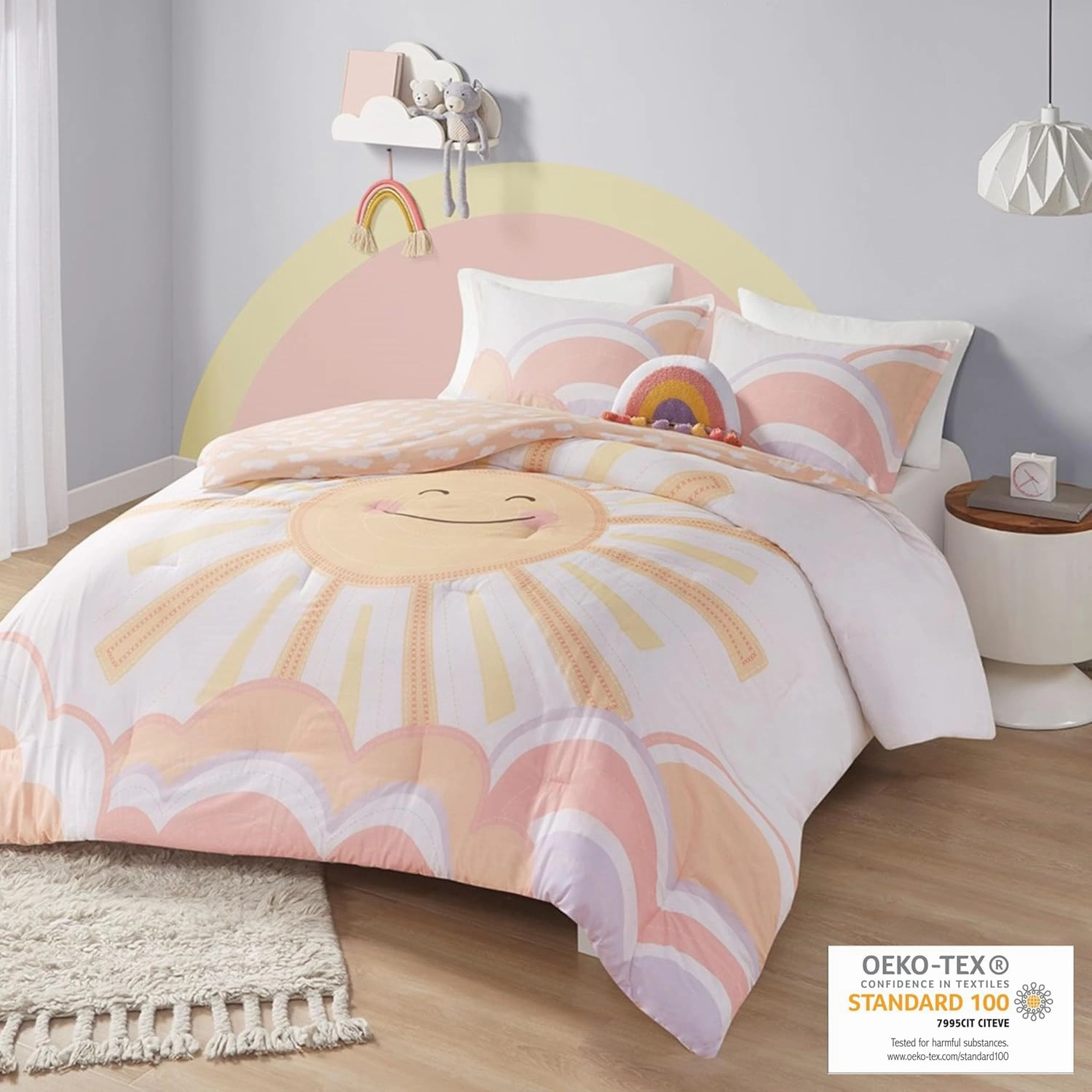 Comforter Sets, Sun, Smiling Emoji, Rainbow & Clouds Cartoon Reversible Print, Down Alternative, All Season Bedding, Matching Sham, Toss Pillow, Full/Queen Yellow/Coral 4 Piece