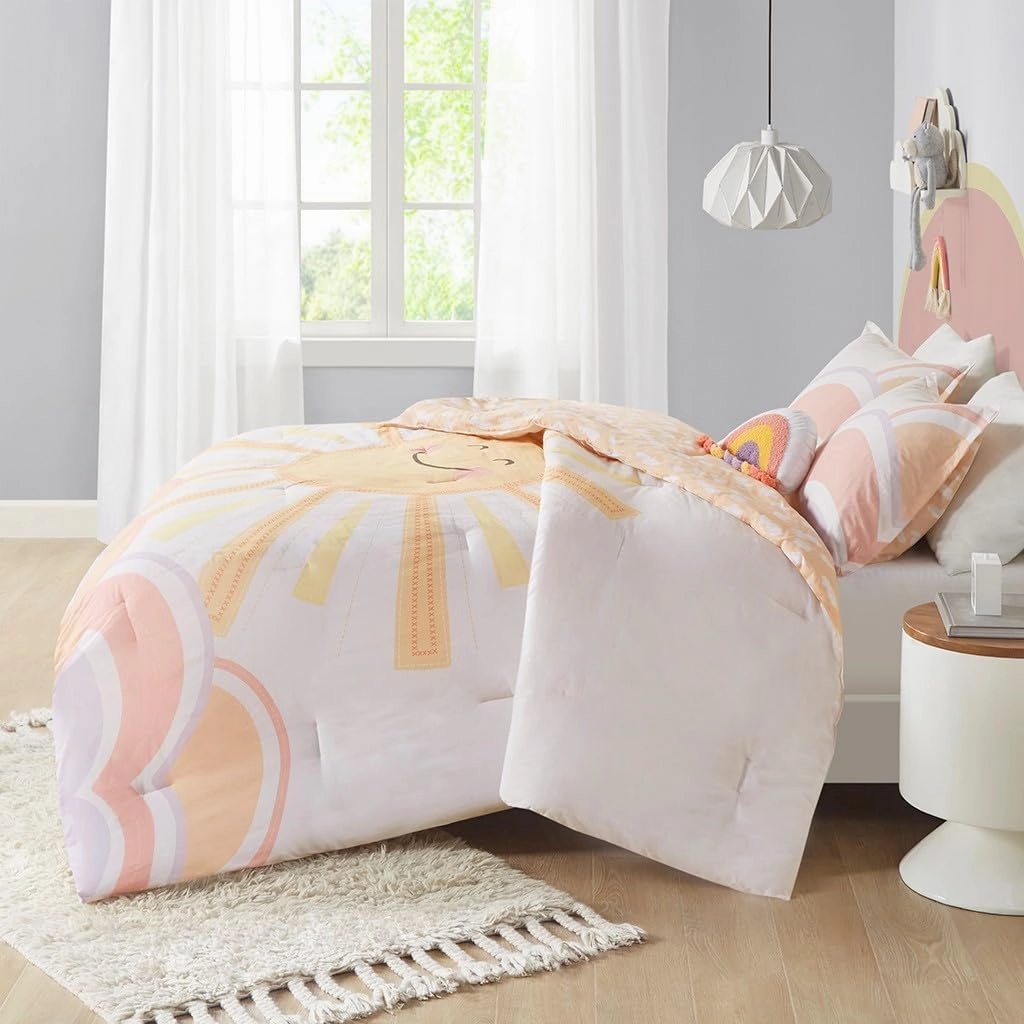 Comforter Sets, Sun, Smiling Emoji, Rainbow & Clouds Cartoon Reversible Print, Down Alternative, All Season Bedding, Matching Sham, Toss Pillow, Full/Queen Yellow/Coral 4 Piece