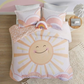 Comforter Sets, Sun, Smiling Emoji, Rainbow & Clouds Cartoon Reversible Print, Down Alternative, All Season Bedding, Matching Sham, Toss Pillow, Full/Queen Yellow/Coral 4 Piece