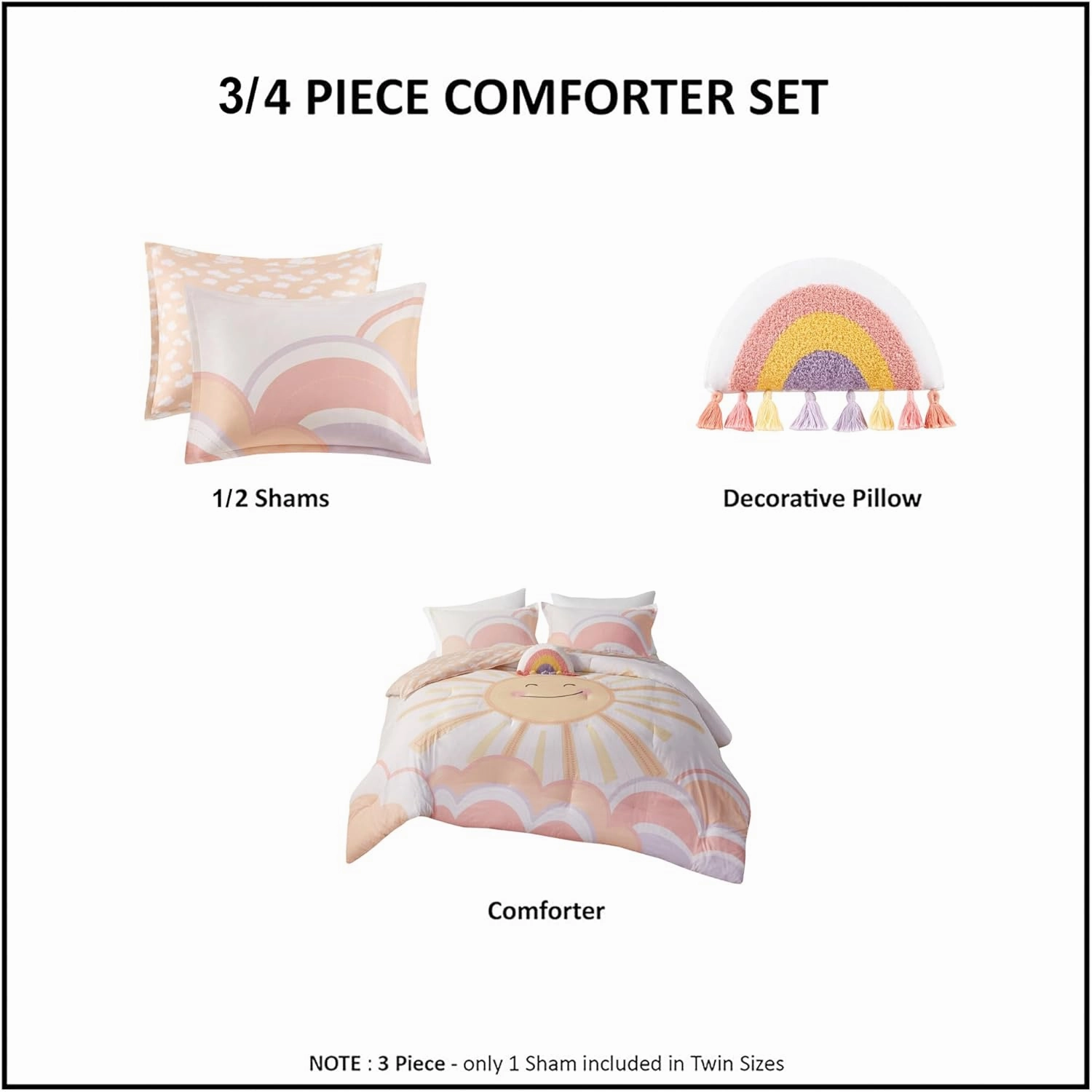 Comforter Sets, Sun, Smiling Emoji, Rainbow & Clouds Cartoon Reversible Print, Down Alternative, All Season Bedding, Matching Sham, Toss Pillow, Full/Queen Yellow/Coral 4 Piece