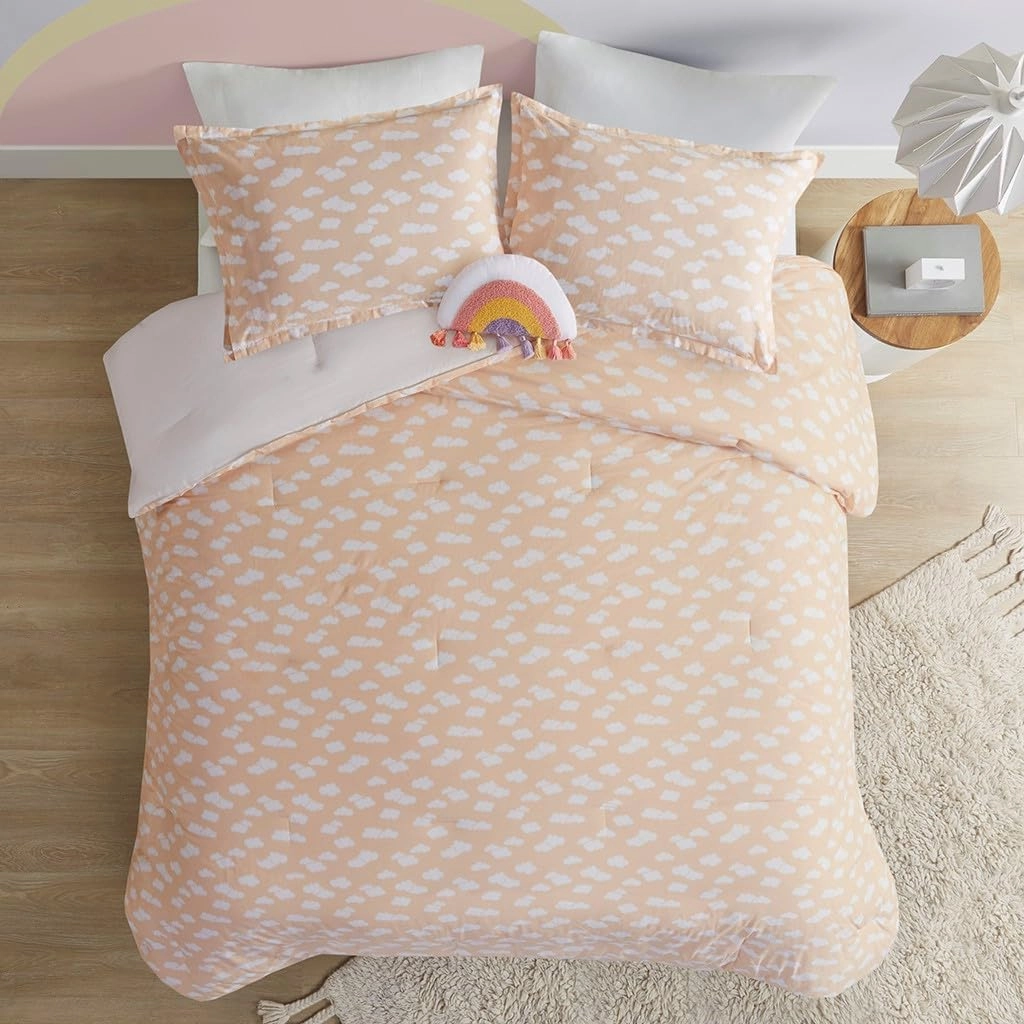 Comforter Sets, Sun, Smiling Emoji, Rainbow & Clouds Cartoon Reversible Print, Down Alternative, All Season Bedding, Matching Sham, Toss Pillow, Full/Queen Yellow/Coral 4 Piece