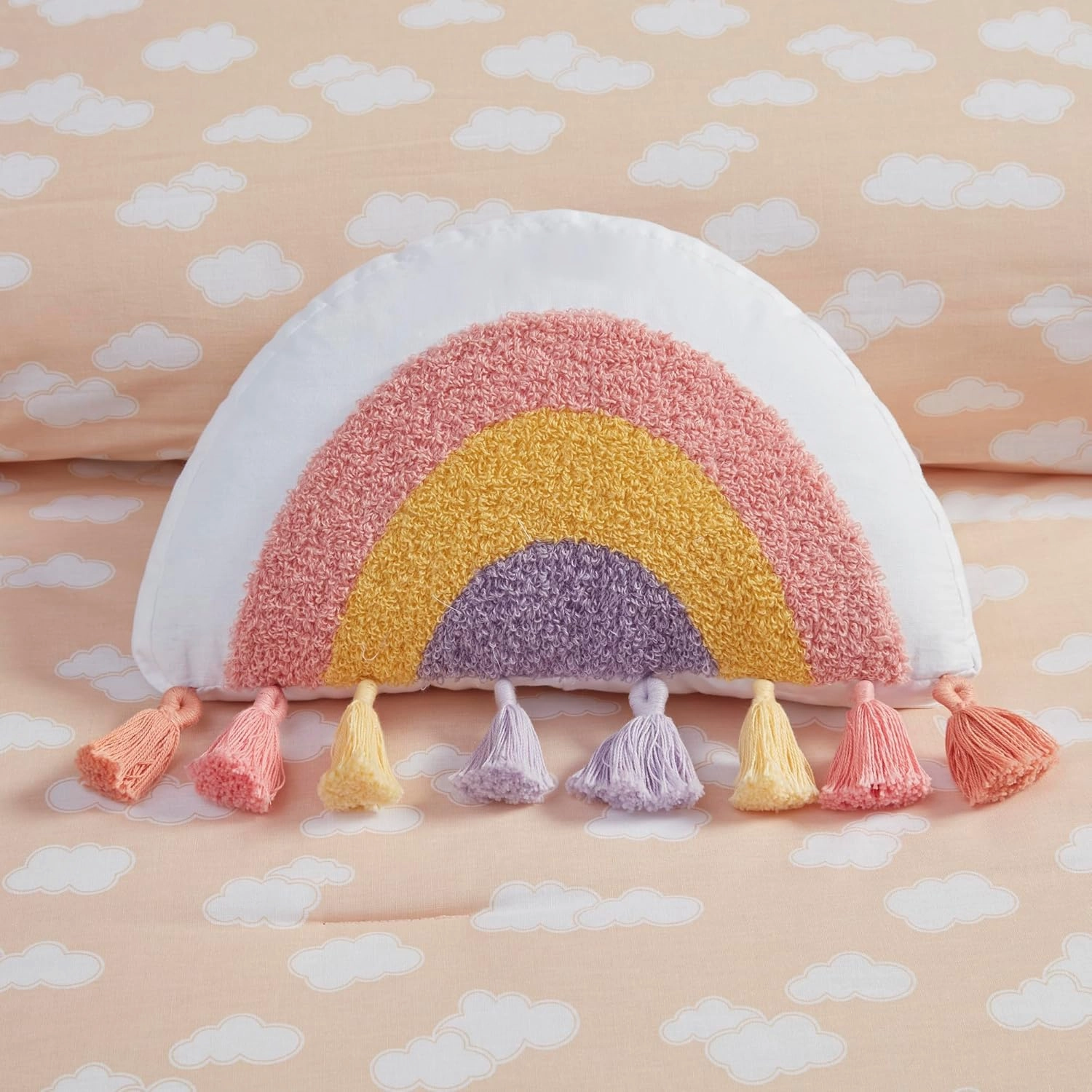 Comforter Sets, Sun, Smiling Emoji, Rainbow & Clouds Cartoon Reversible Print, Down Alternative, All Season Bedding, Matching Sham, Toss Pillow, Full/Queen Yellow/Coral 4 Piece