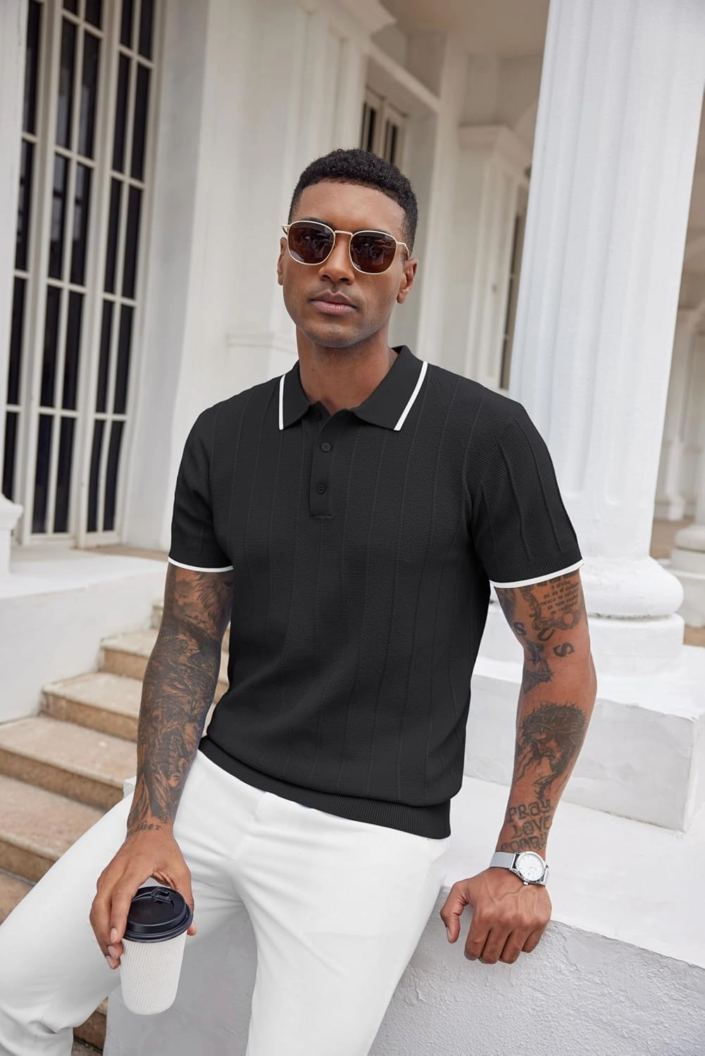 COOFANDY Mens Knit Polo Shirts Short Sleeve Ribbed Textured Polo Shirt Lightweight Casual Golf Shirts Collared T Shirt