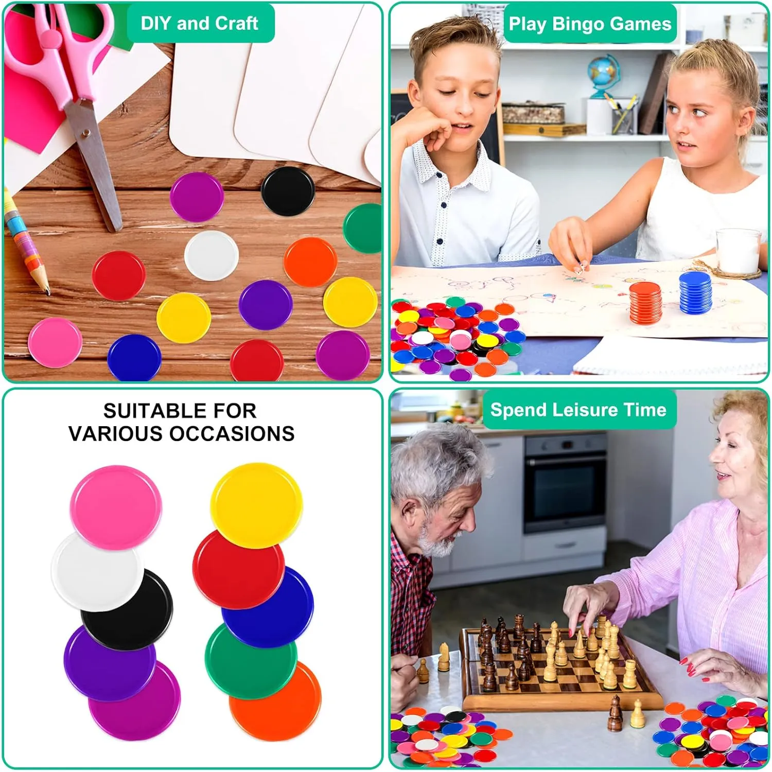 Coopay 1000 Pieces 1 Inch Bingo Chips Bulk, 10 Colors Bingo Markers for Math Practice, Plastic Learning Counters Disks Counting Discs, Poker Chips Game Tokens Kids Reward