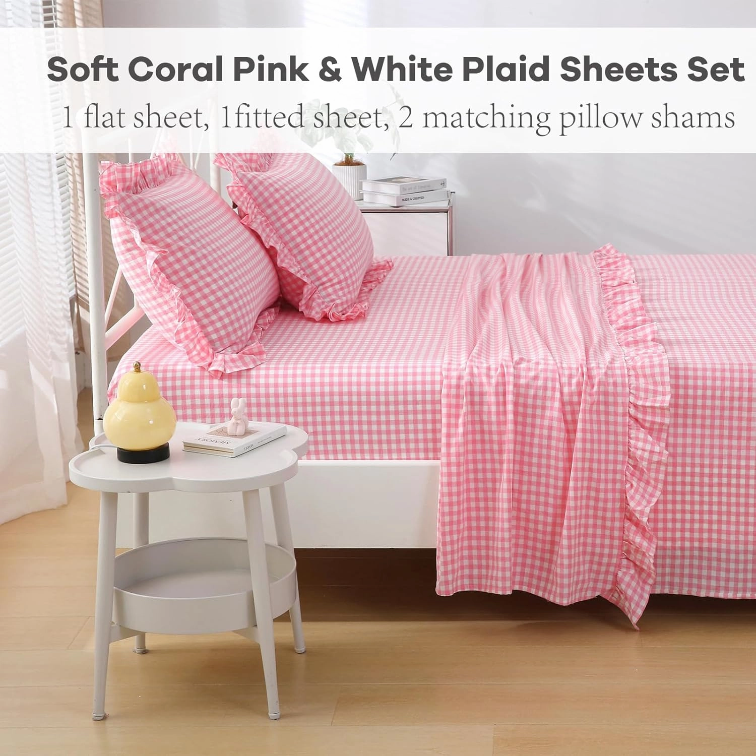 Coral Pink White Plaid Ruffle Gingham Sheets Full Size 4-Piece Set, 300TC 100% Yarn Dyed Cotton Sheets Deep Pocket Farmhouse Decorative Bedding (Coral Pink/White Plaid, Full)