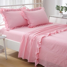 Coral Pink White Plaid Ruffle Gingham Sheets Full Size 4-Piece Set, 300TC 100% Yarn Dyed Cotton Sheets Deep Pocket Farmhouse Decorative Bedding (Coral Pink/White Plaid, Full)