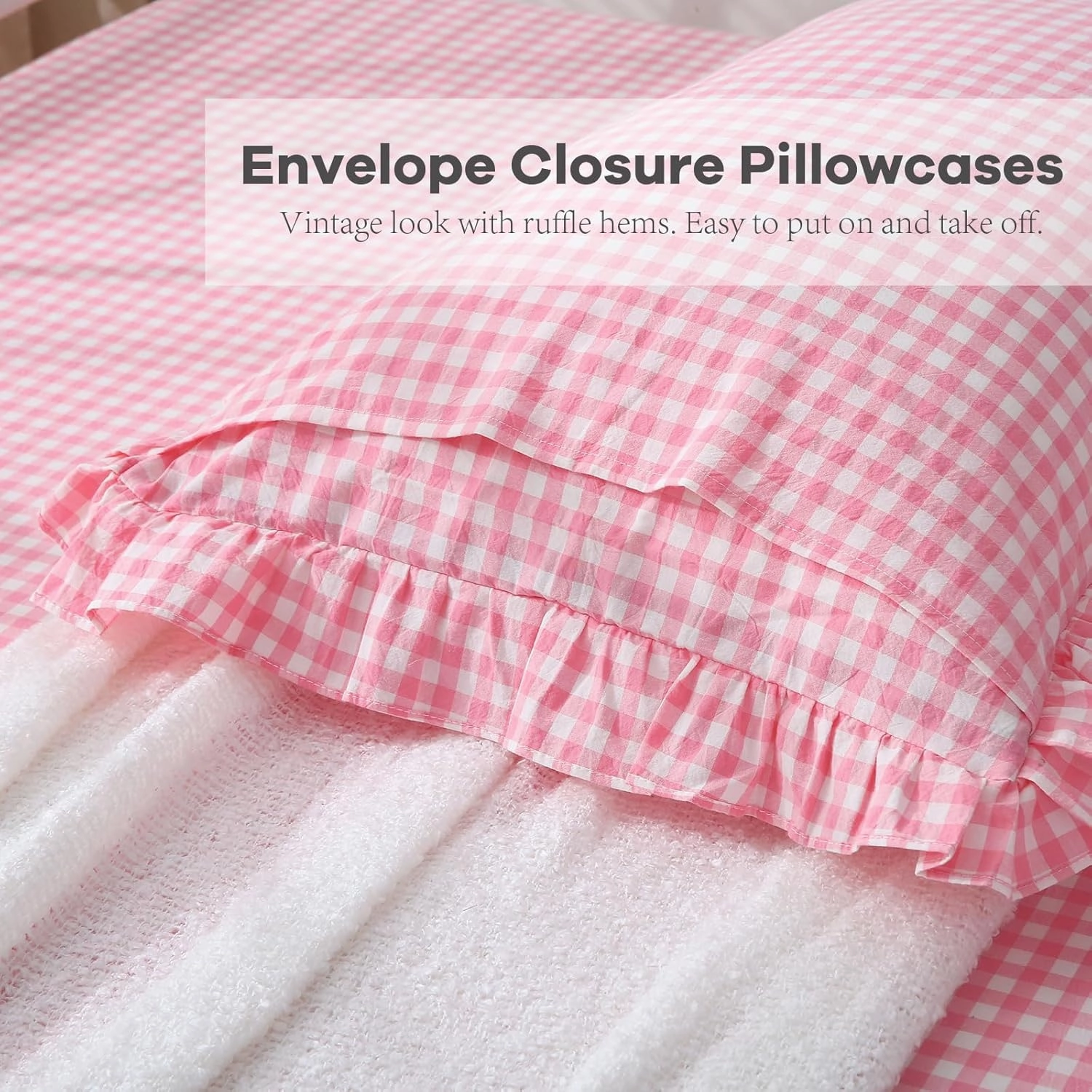 Coral Pink White Plaid Ruffle Gingham Sheets Full Size 4-Piece Set, 300TC 100% Yarn Dyed Cotton Sheets Deep Pocket Farmhouse Decorative Bedding (Coral Pink/White Plaid, Full)