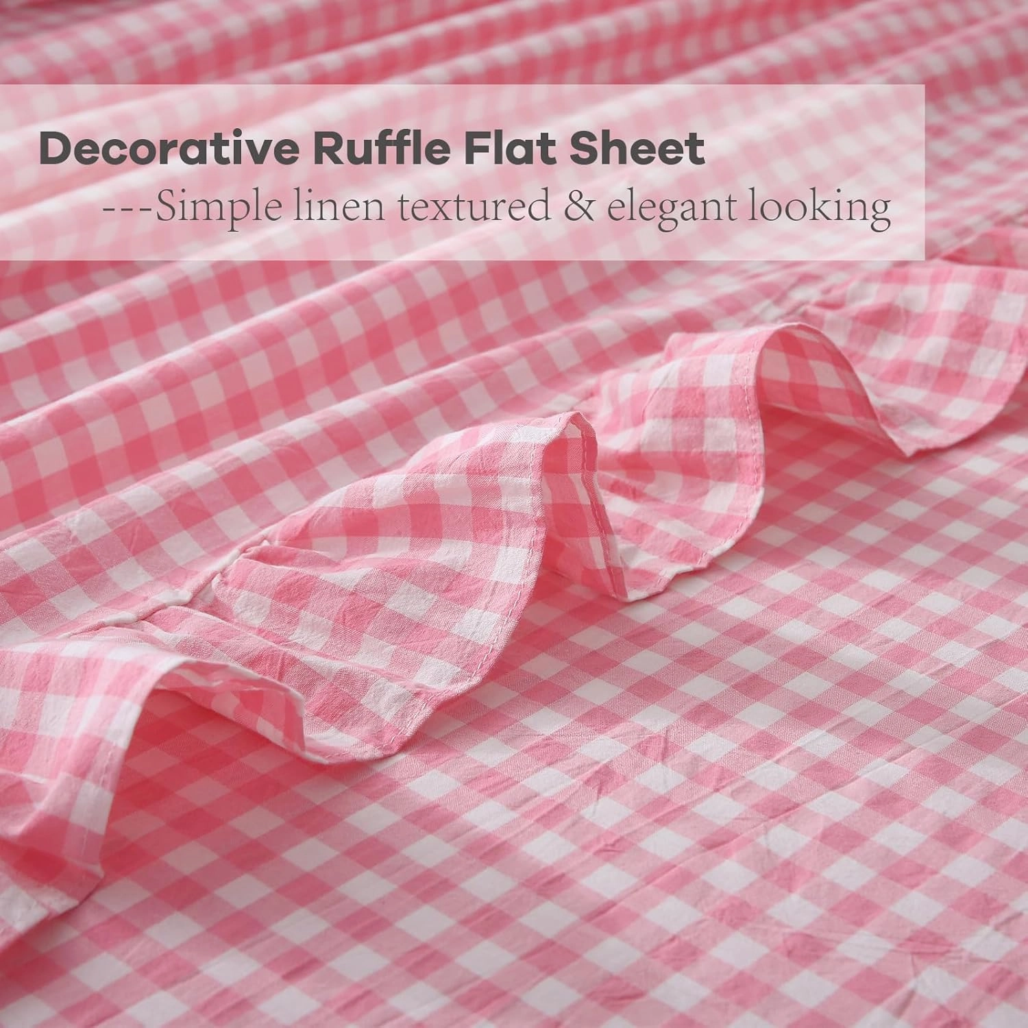 Coral Pink White Plaid Ruffle Gingham Sheets Full Size 4-Piece Set, 300TC 100% Yarn Dyed Cotton Sheets Deep Pocket Farmhouse Decorative Bedding (Coral Pink/White Plaid, Full)