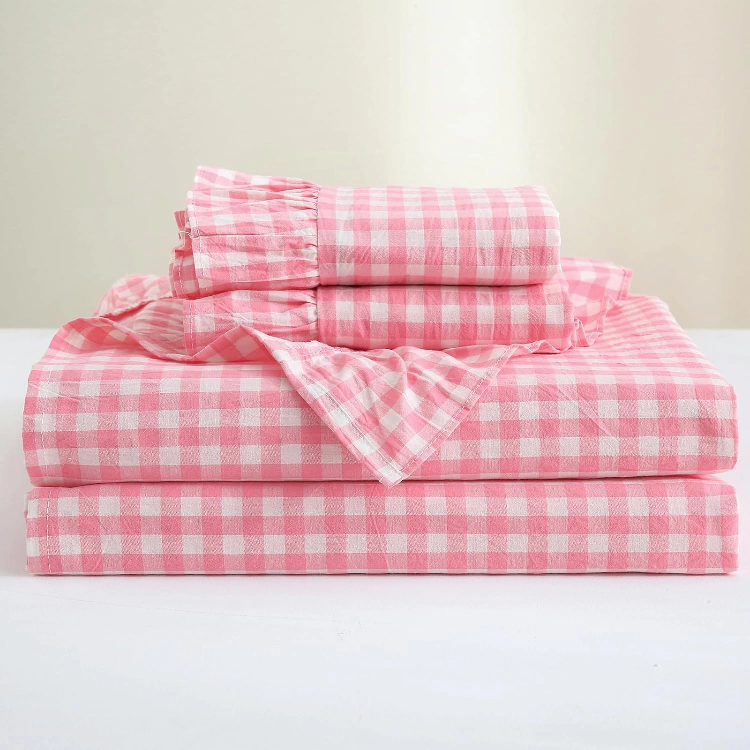 Coral Pink White Plaid Ruffle Gingham Sheets Full Size 4-Piece Set, 300TC 100% Yarn Dyed Cotton Sheets Deep Pocket Farmhouse Decorative Bedding (Coral Pink/White Plaid, Full)