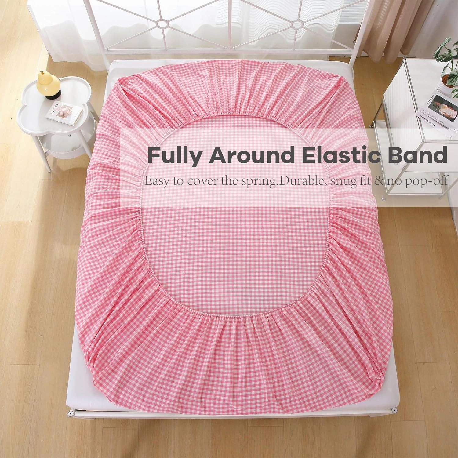 Coral Pink White Plaid Ruffle Gingham Sheets Full Size 4-Piece Set, 300TC 100% Yarn Dyed Cotton Sheets Deep Pocket Farmhouse Decorative Bedding (Coral Pink/White Plaid, Full)
