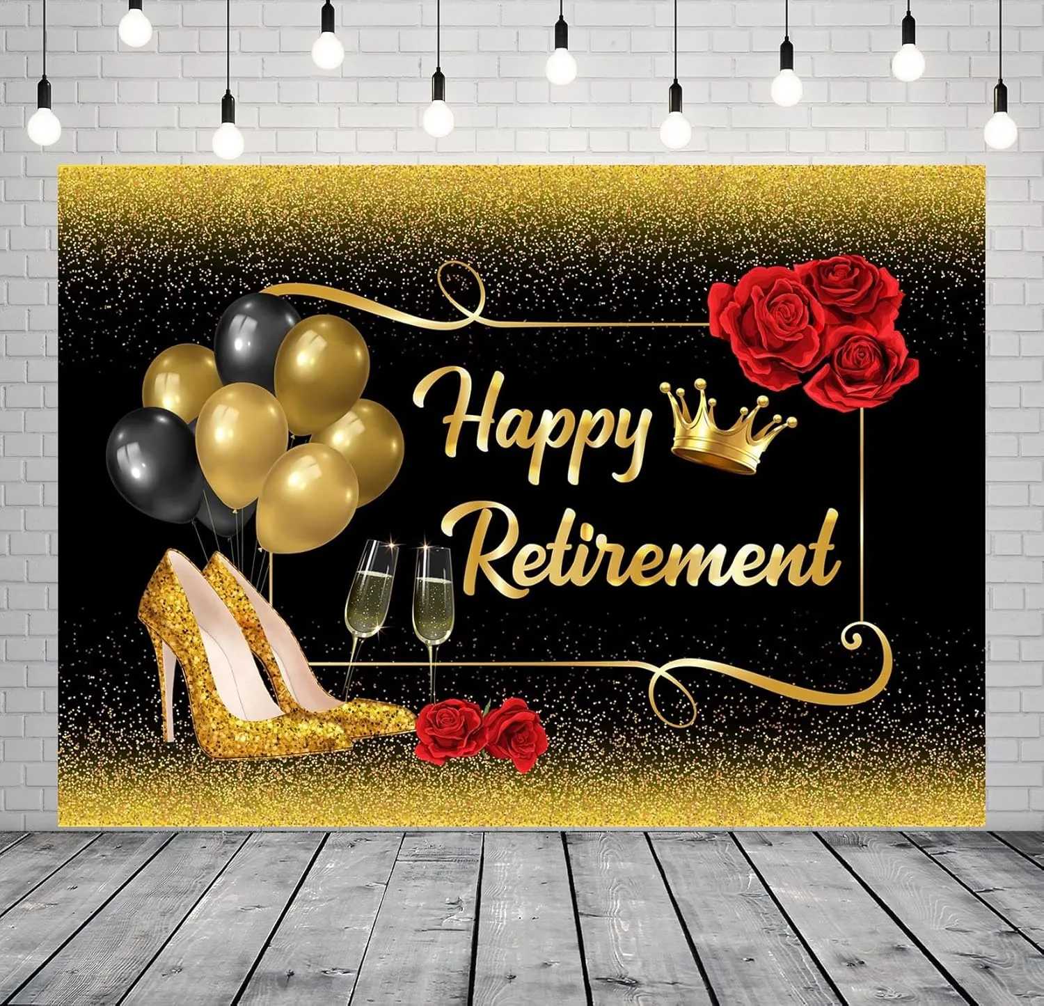 CORFOTO Happy Retirement Backdrop Fabric 20x10ft Golden Glitter Balloons High Heel Shoes Roses Sparkle Retirement Sign Background for Retirement Party Decorations Banner Photoshoot Props