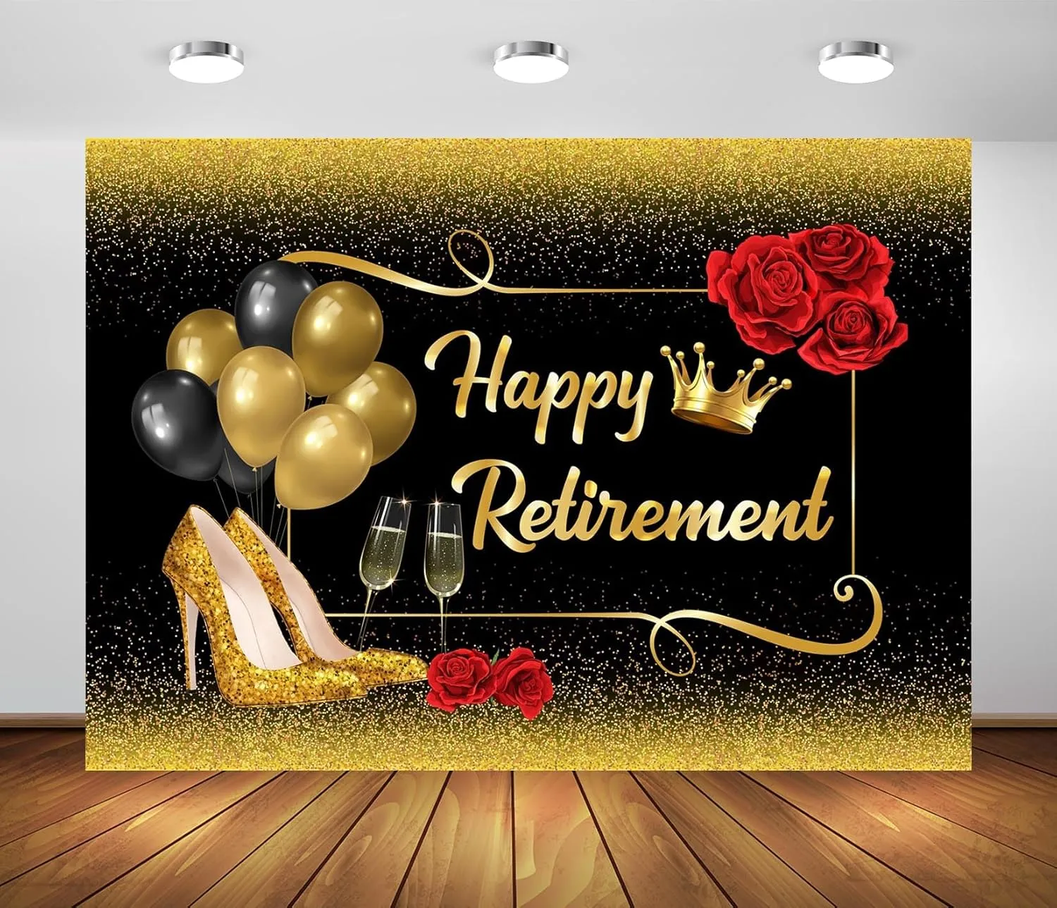 CORFOTO Happy Retirement Backdrop Fabric 20x10ft Golden Glitter Balloons High Heel Shoes Roses Sparkle Retirement Sign Background for Retirement Party Decorations Banner Photoshoot Props