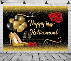 CORFOTO Happy Retirement Backdrop Fabric 20x10ft Golden Glitter Balloons High Heel Shoes Roses Sparkle Retirement Sign Background for Retirement Party Decorations Banner Photoshoot Props