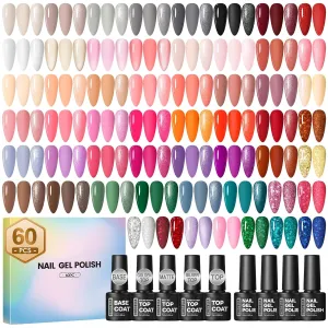 COSCELIA 60PCS Gel Nail Polish Set, 55 colors gel polish with 5pcs Top Base Coat Pink White Red Jelly Nude Green Clear Spring Summer Colors Nail Polish Manicure Starter Kit DIY Gifts for Women