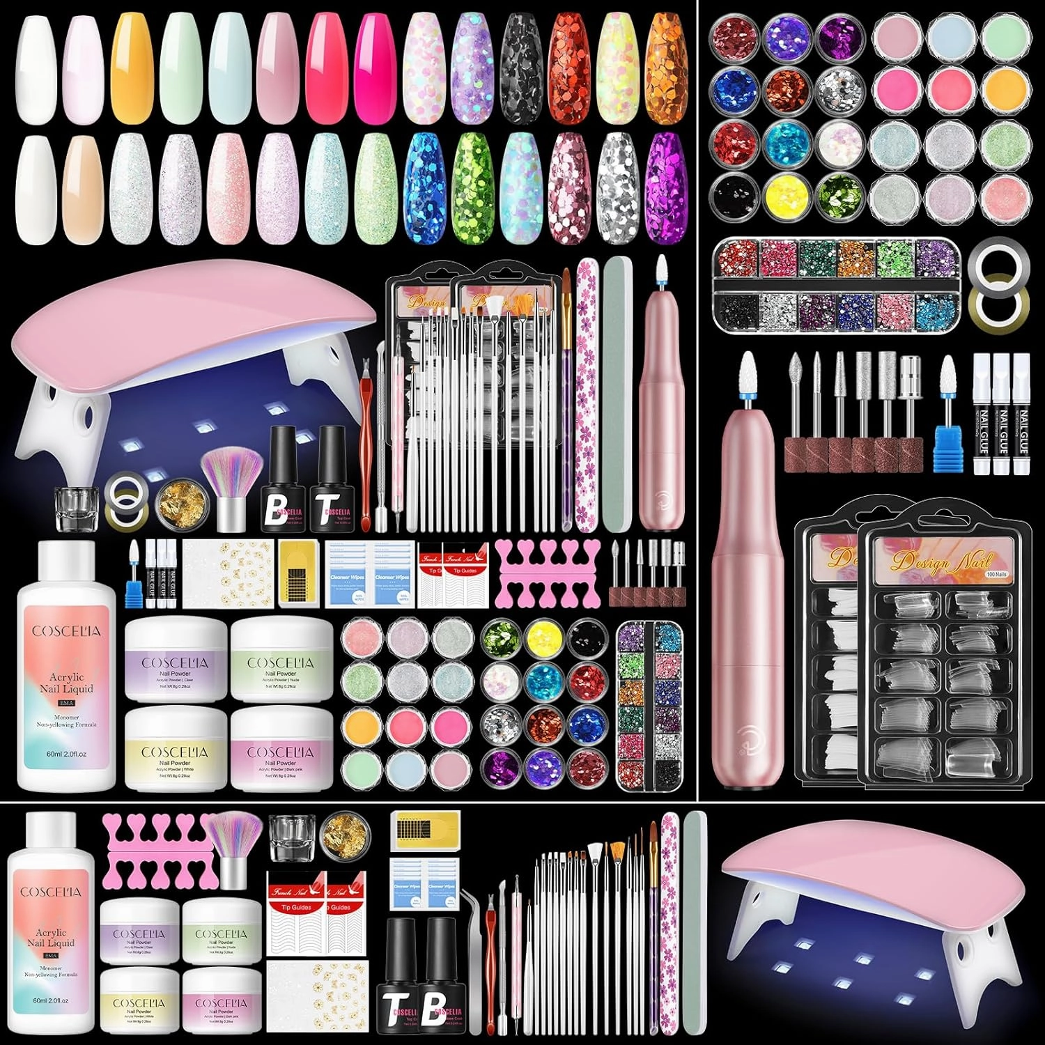 COSCELIA Acrylic Nail Kit with Everything, Pink White Nude Clear Acrylic Powder with Drill U V Light Sequin Glitter Decoration Powders Base Top Coat Nails Kit for Beginners Home Nail DIY