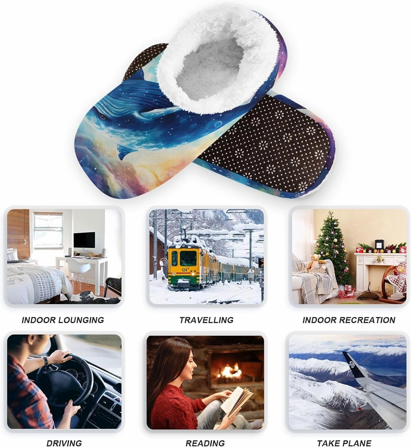 Cosmic Sea Whale Space Fuzzy Memory Foam Closed Back Slippers for Women Men Knit Fleece Lined House Shoes with Anti-Skid Sole Bedroom Shoes for Hotel Indoor Outdoor Bedroom