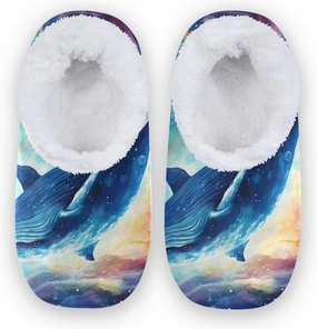 Cosmic Sea Whale Space Fuzzy Memory Foam Closed Back Slippers for Women Men Knit Fleece Lined House Shoes with Anti-Skid Sole Bedroom Shoes for Hotel Indoor Outdoor Bedroom