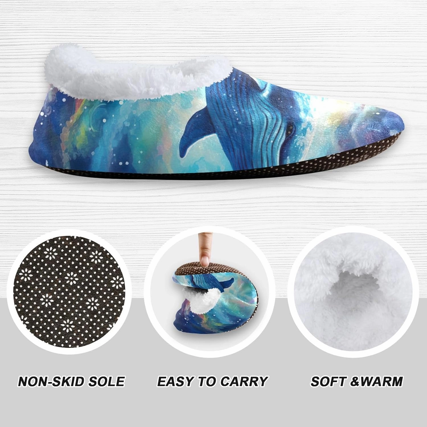 Cosmic Sea Whale Space Fuzzy Memory Foam Closed Back Slippers for Women Men Knit Fleece Lined House Shoes with Anti-Skid Sole Bedroom Shoes for Hotel Indoor Outdoor Bedroom