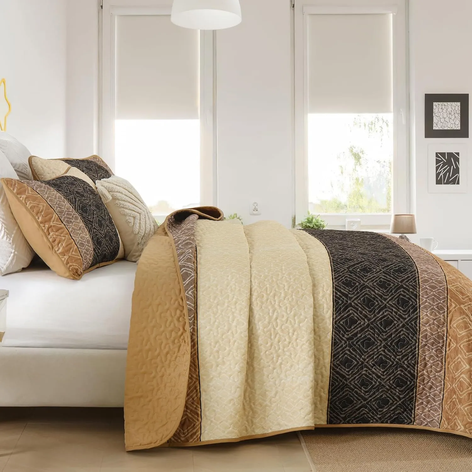 Cottolester Queen Quilt Set 3 Pieces,Brown Striped Bedspread,Boho Plaid Bedding Set Soft Microfiber Quilt with 2 Pillow Shams 96"x90"