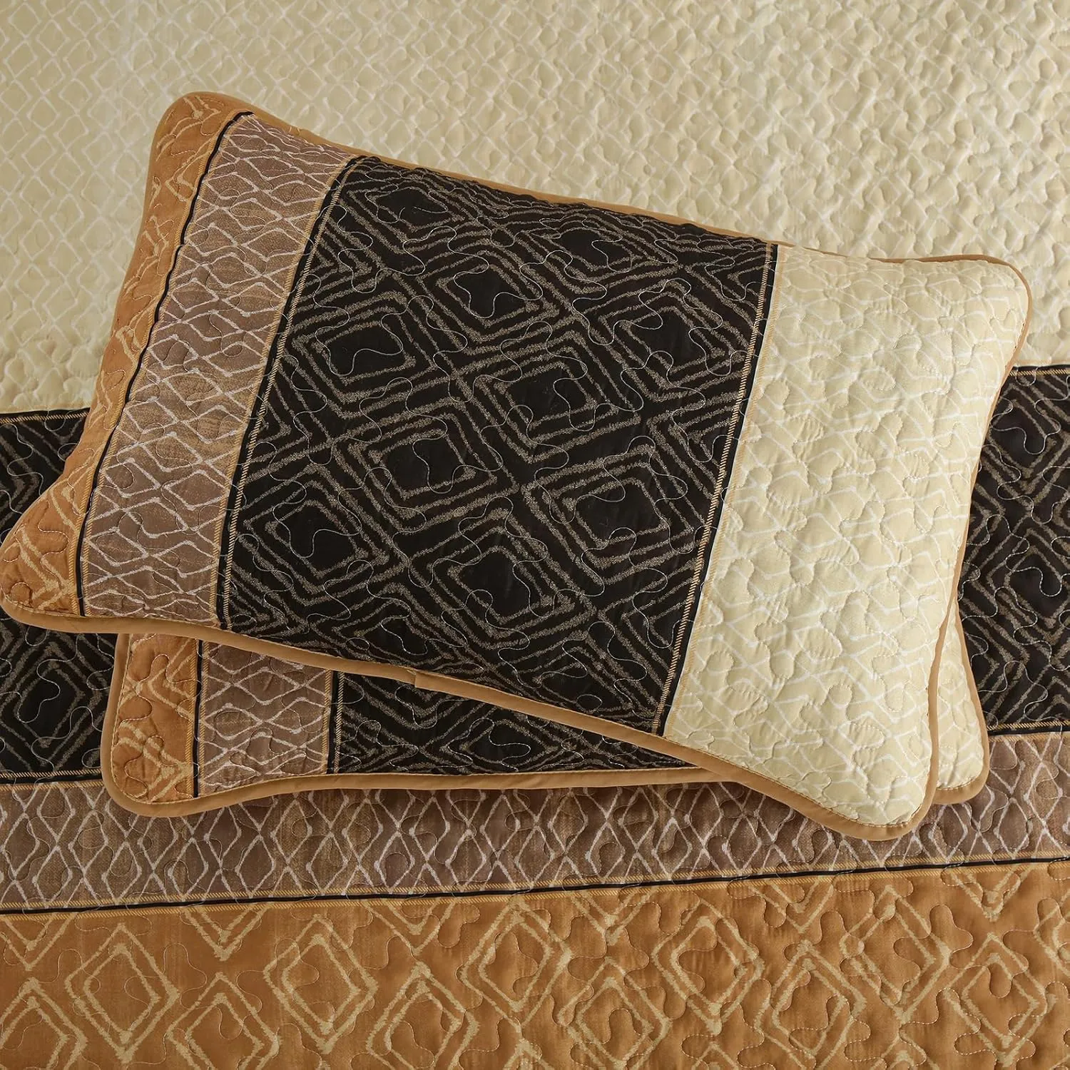 Cottolester Queen Quilt Set 3 Pieces,Brown Striped Bedspread,Boho Plaid Bedding Set Soft Microfiber Quilt with 2 Pillow Shams 96"x90"